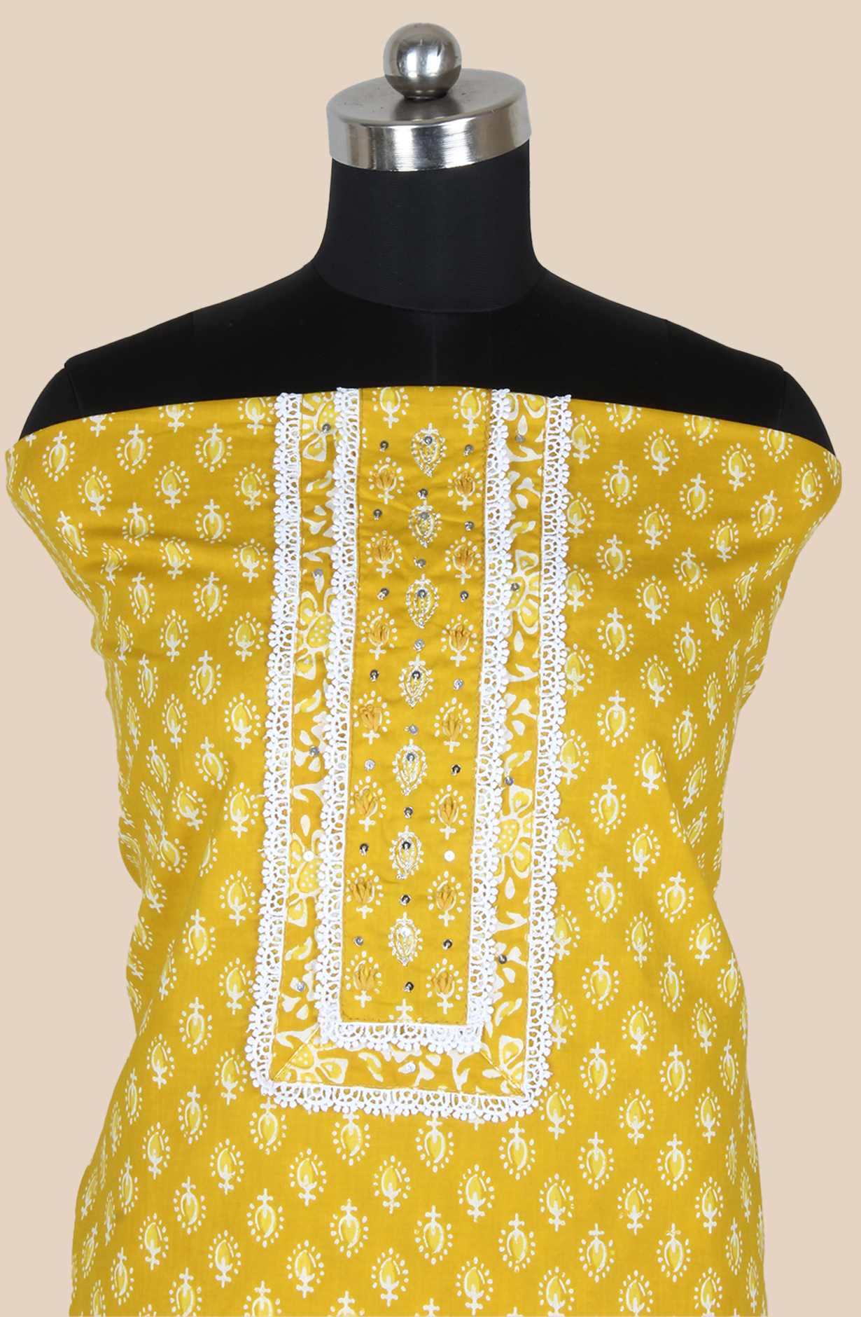 Mustard Cotton Printed Salwar Suit Fabric with Lace Work - 983-4850-3B