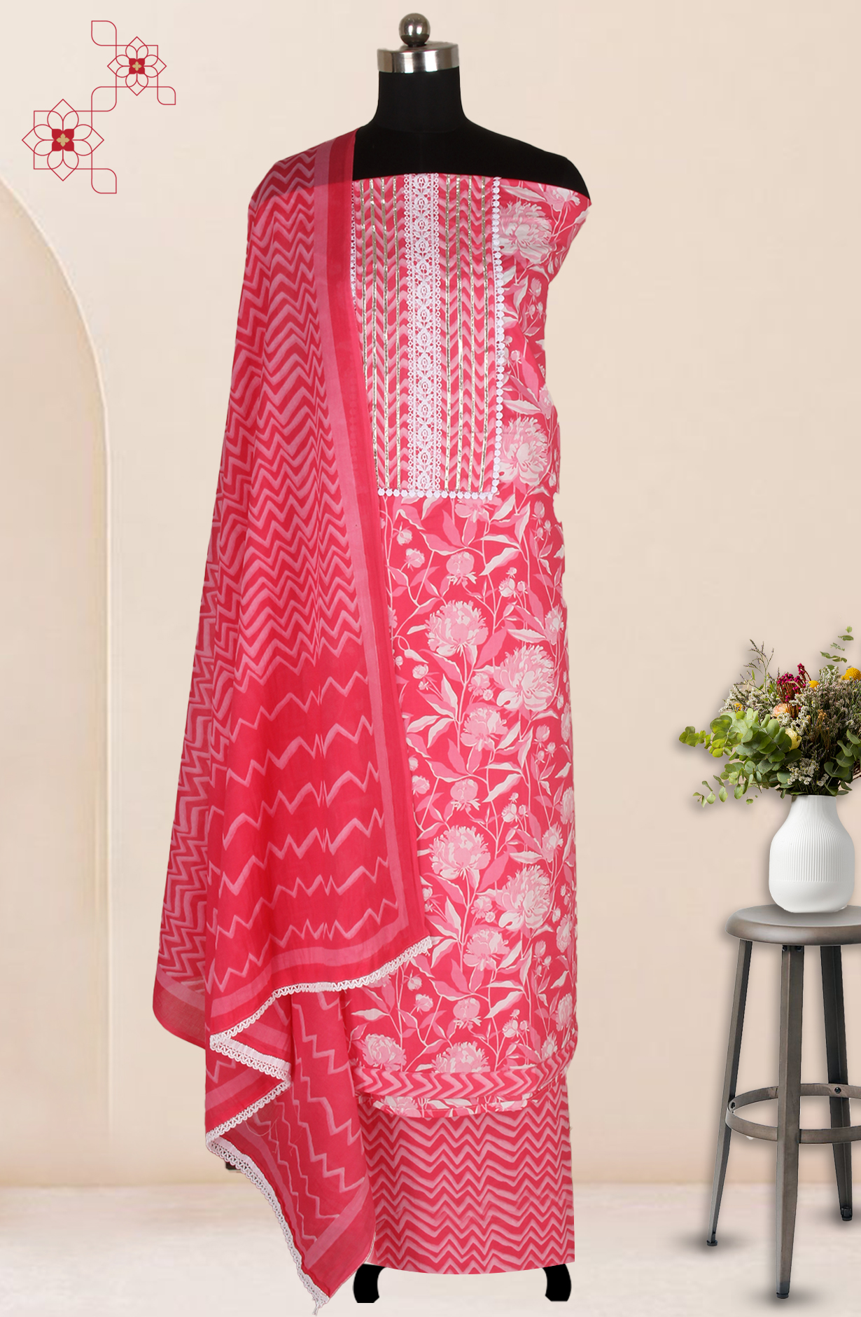 Pink Cotton Printed Salwar Suit Fabric with Dupatta - 983-4850