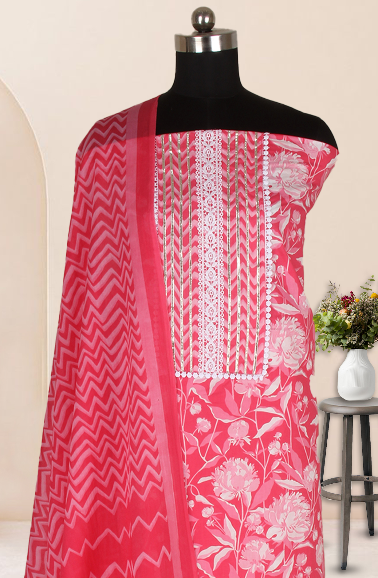 Pink Cotton Printed Salwar Suit Fabric with Dupatta - 983-4850