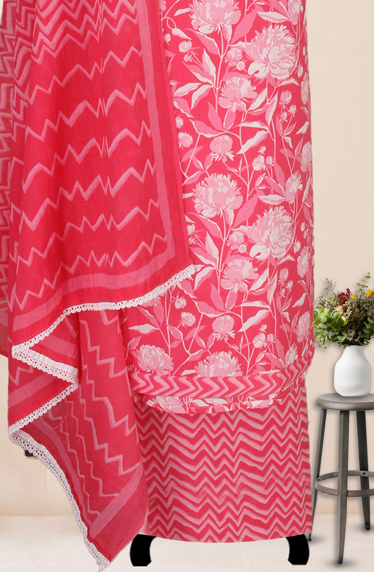 Pink Cotton Printed Salwar Suit Fabric with Dupatta - 983-4850