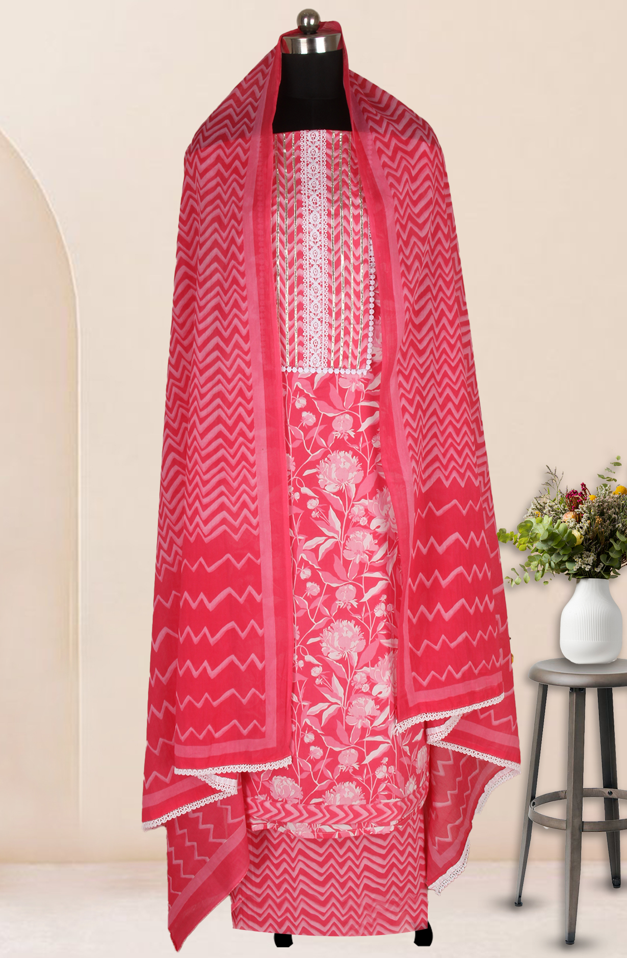 Pink Cotton Printed Salwar Suit Fabric with Dupatta - 983-4850