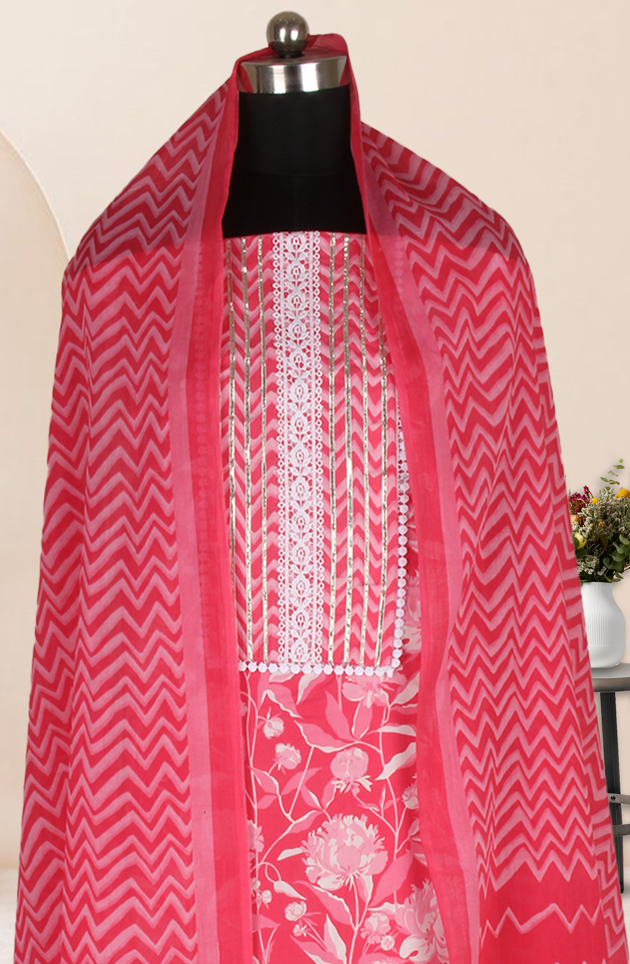 Pink Cotton Printed Salwar Suit Fabric with Dupatta - 983-4850