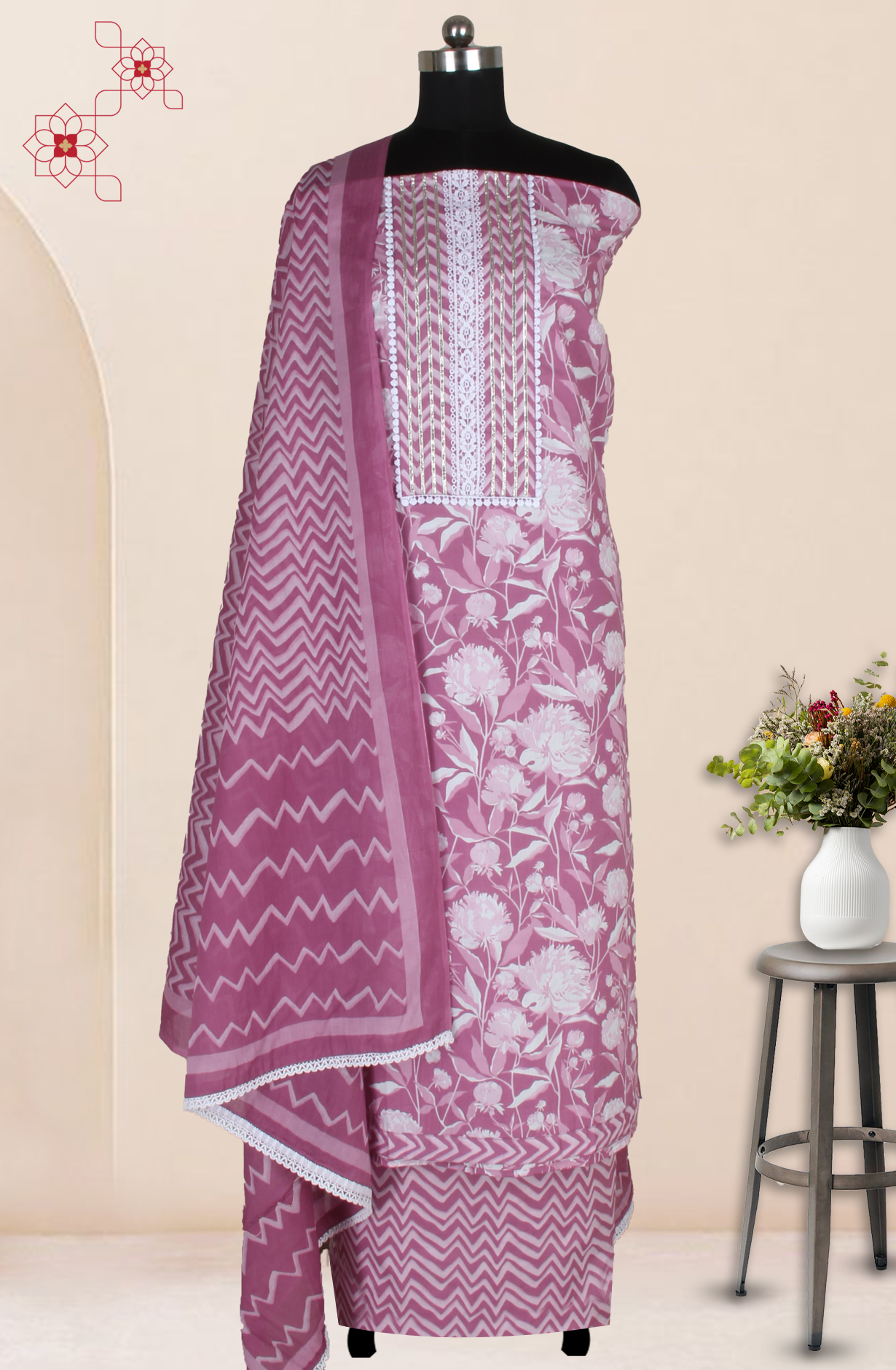 Purple Cotton Printed Salwar Suit Fabric with Dupatta - 983-4850A