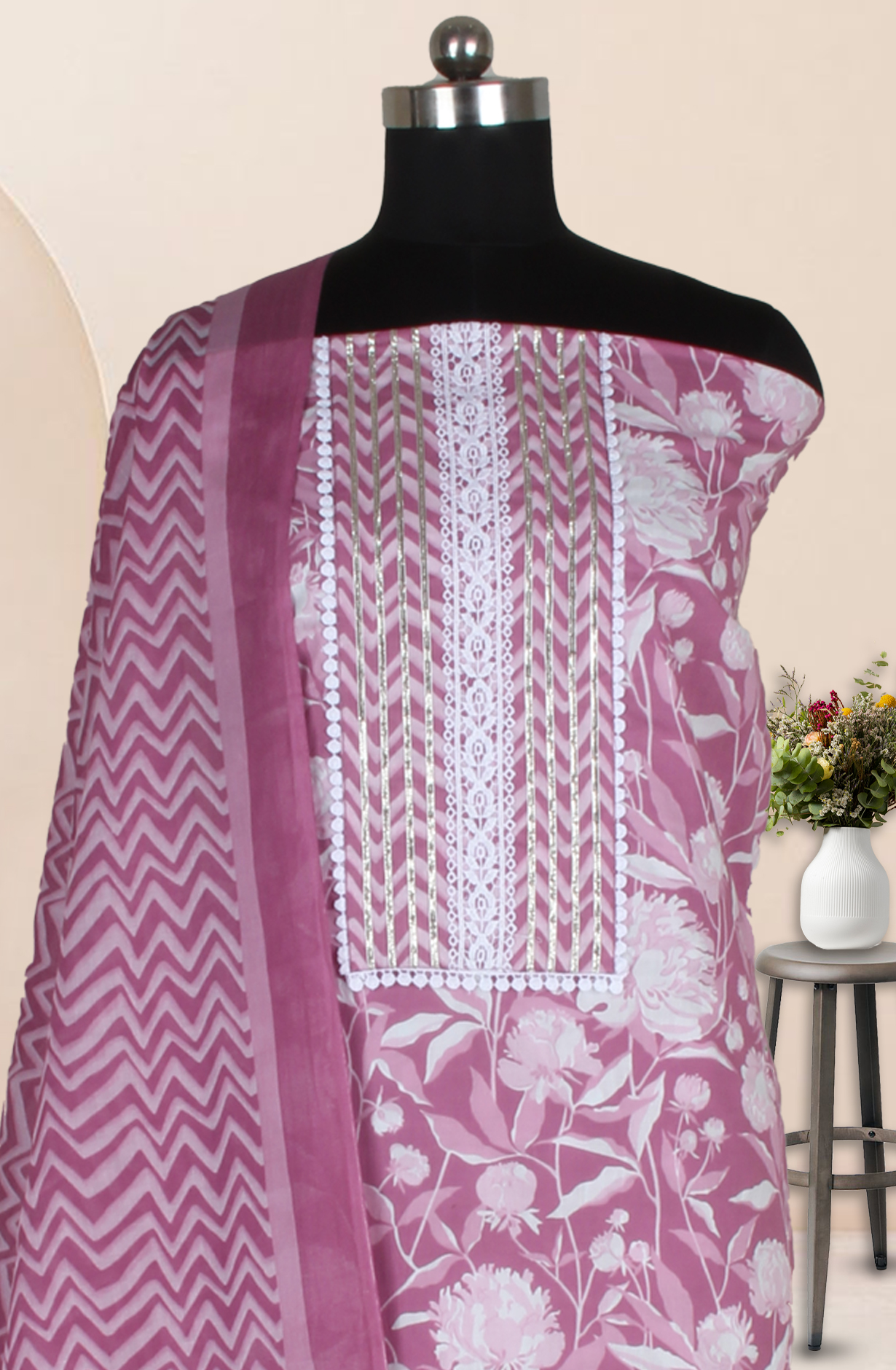 Purple Cotton Printed Salwar Suit Fabric with Dupatta - 983-4850A