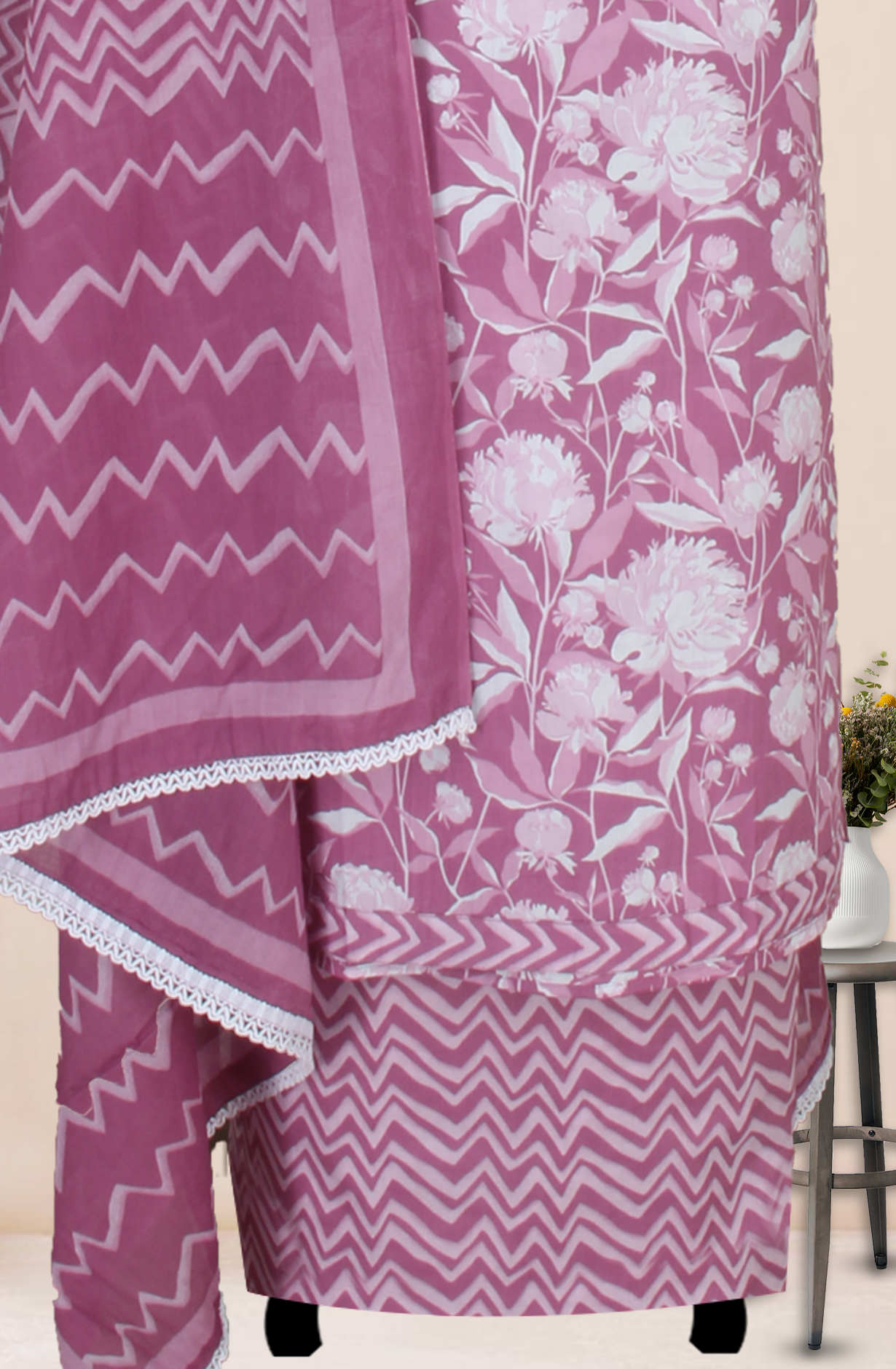 Purple Cotton Printed Salwar Suit Fabric with Dupatta - 983-4850A