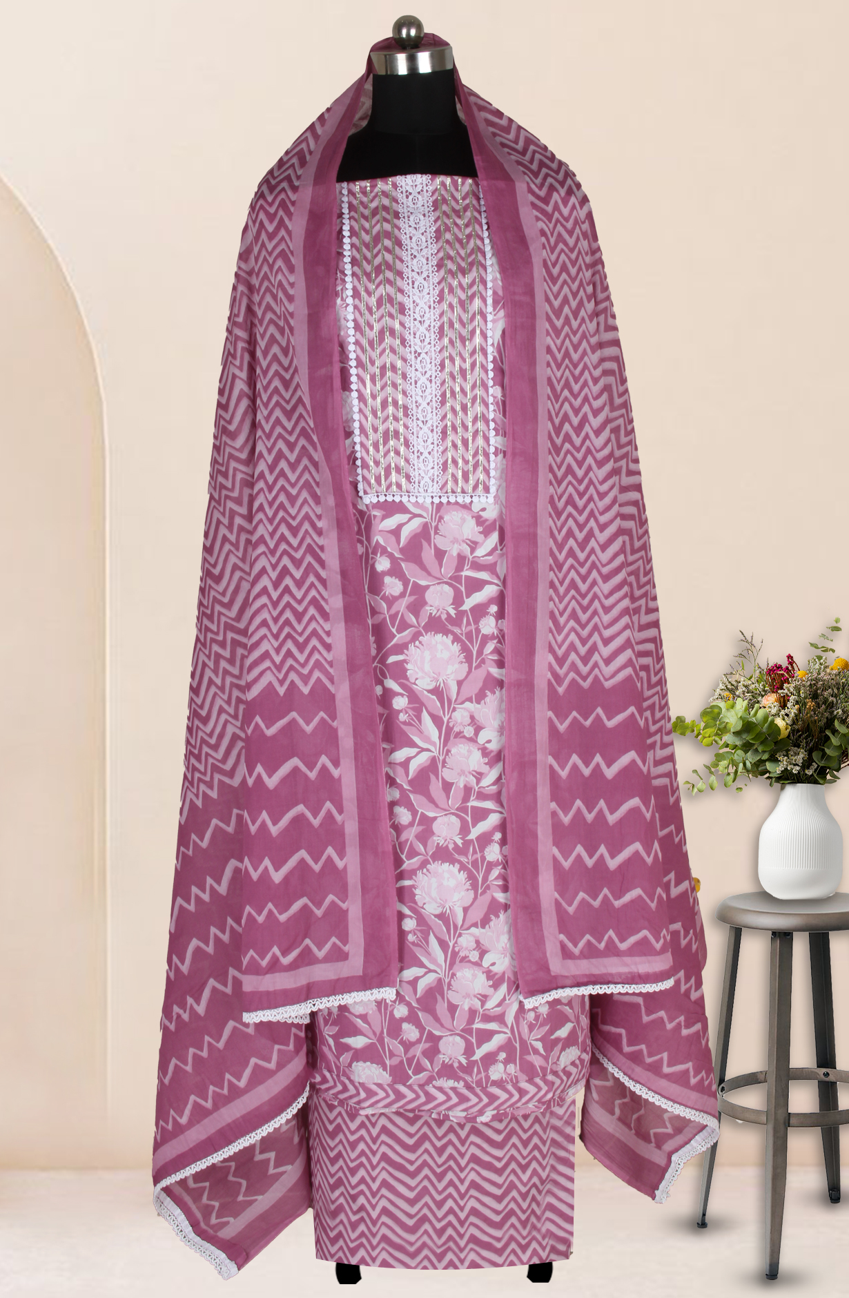Purple Cotton Printed Salwar Suit Fabric with Dupatta - 983-4850A