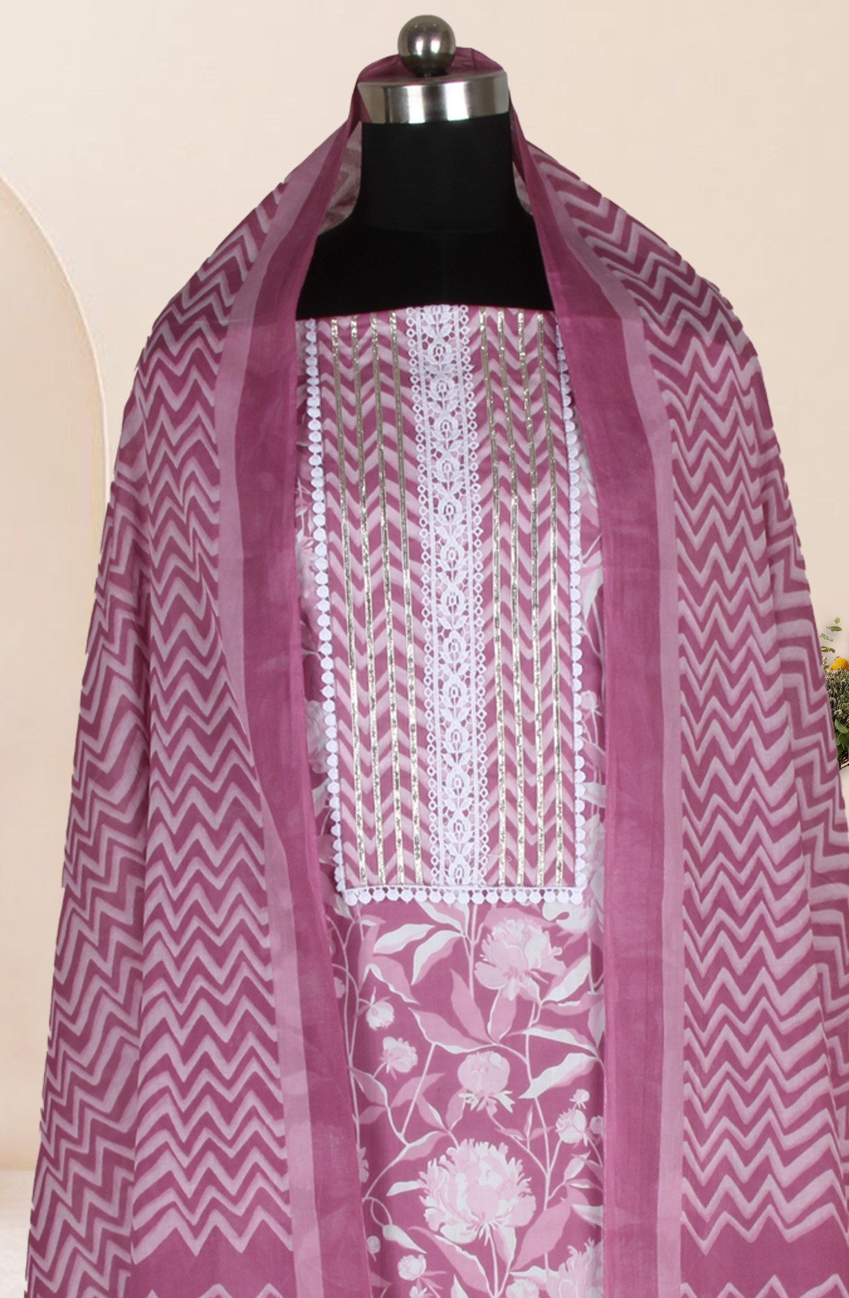 Purple Cotton Printed Salwar Suit Fabric with Dupatta - 983-4850A