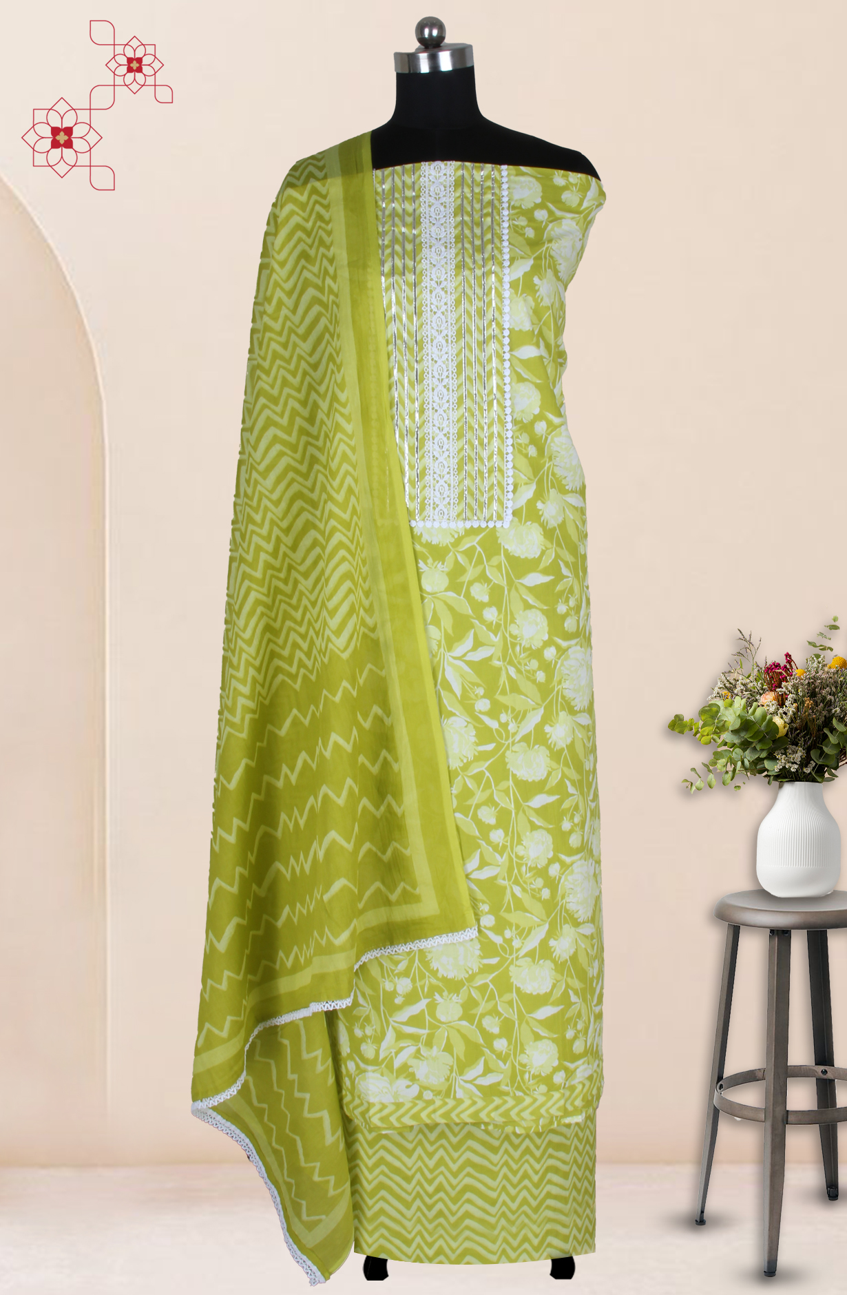 Pista Green Cotton Printed Salwar Suit Fabric with Dupatta - 983-4850B