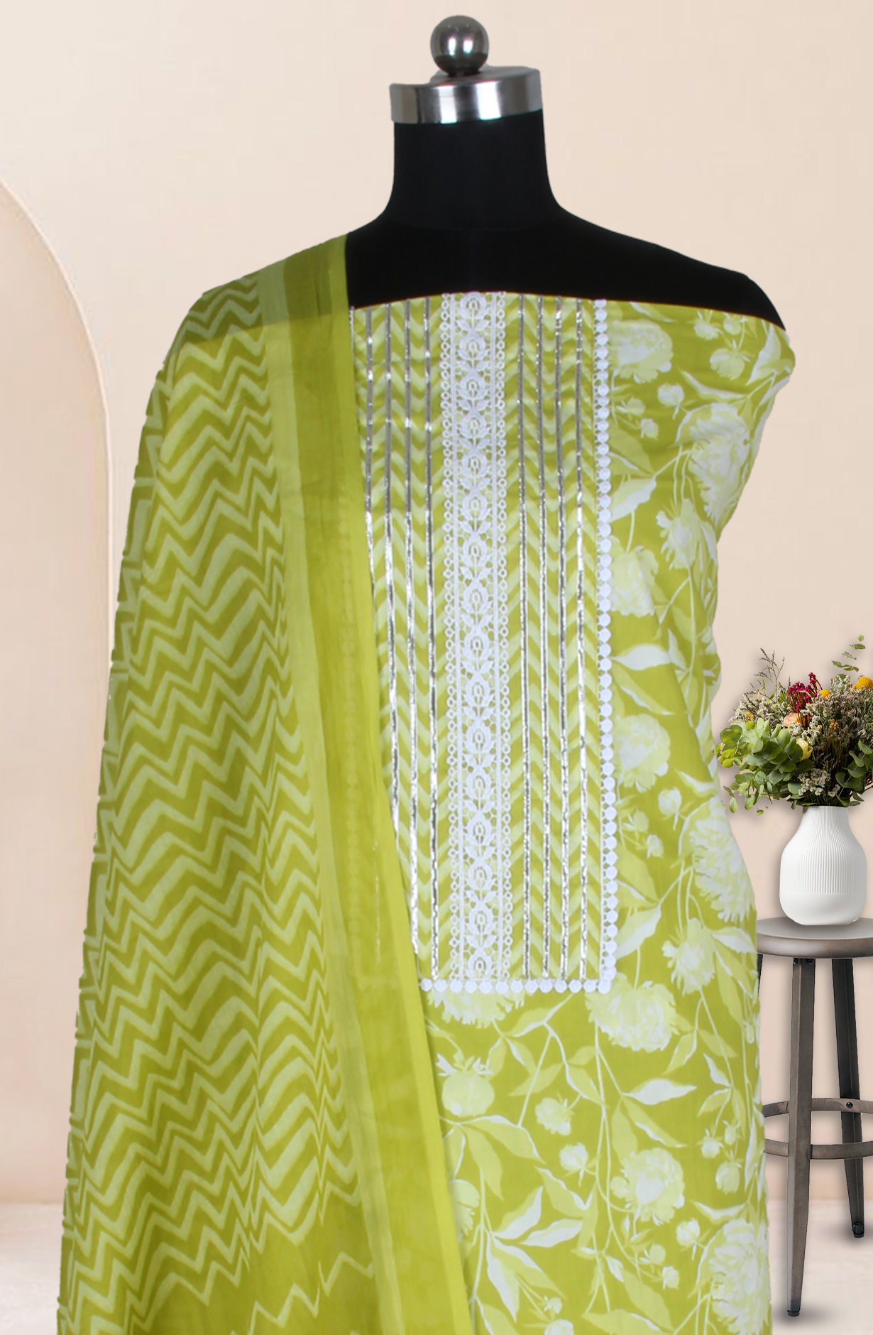 Pista Green Cotton Printed Salwar Suit Fabric with Dupatta - 983-4850B