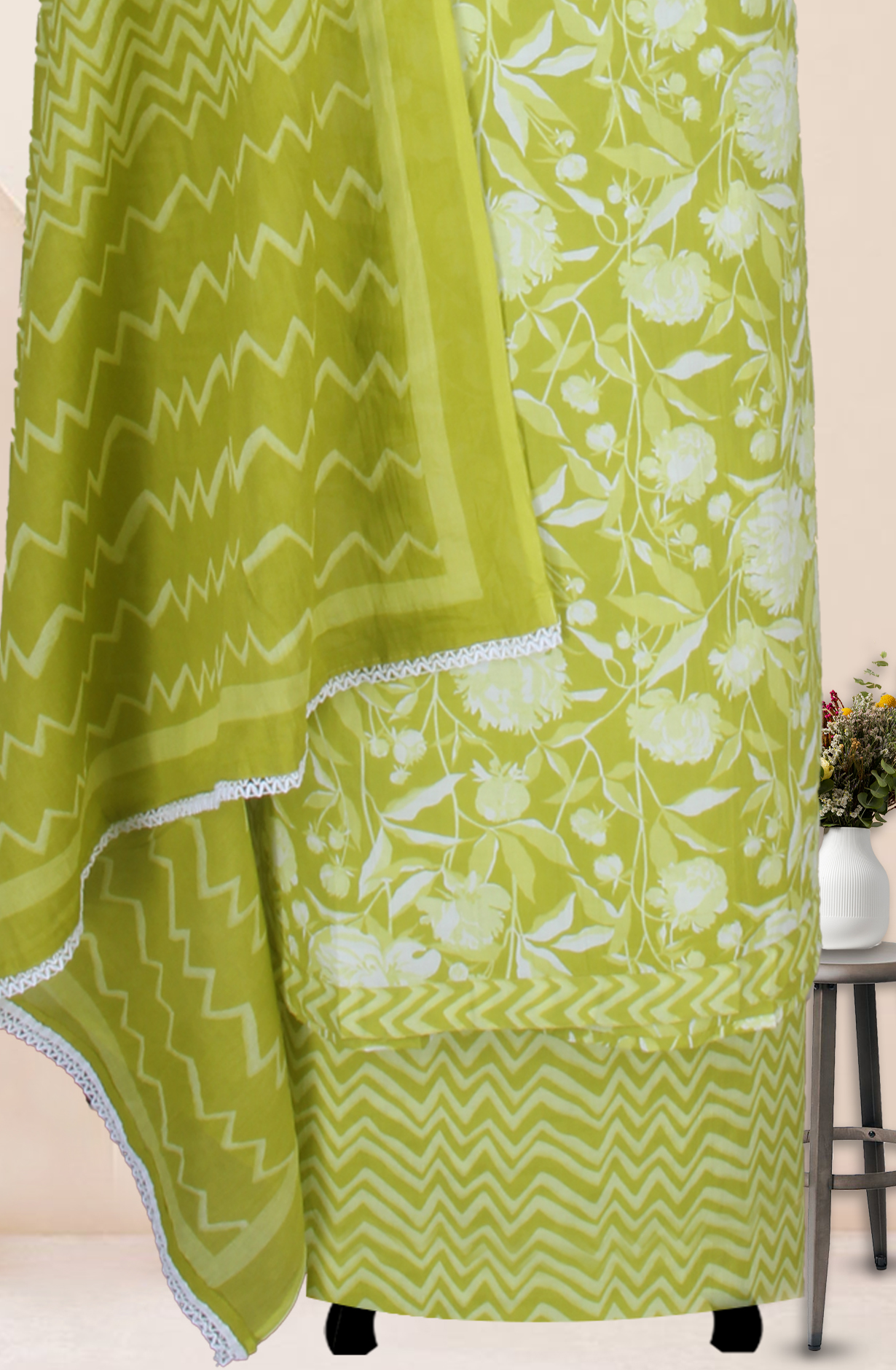 Pista Green Cotton Printed Salwar Suit Fabric with Dupatta - 983-4850B