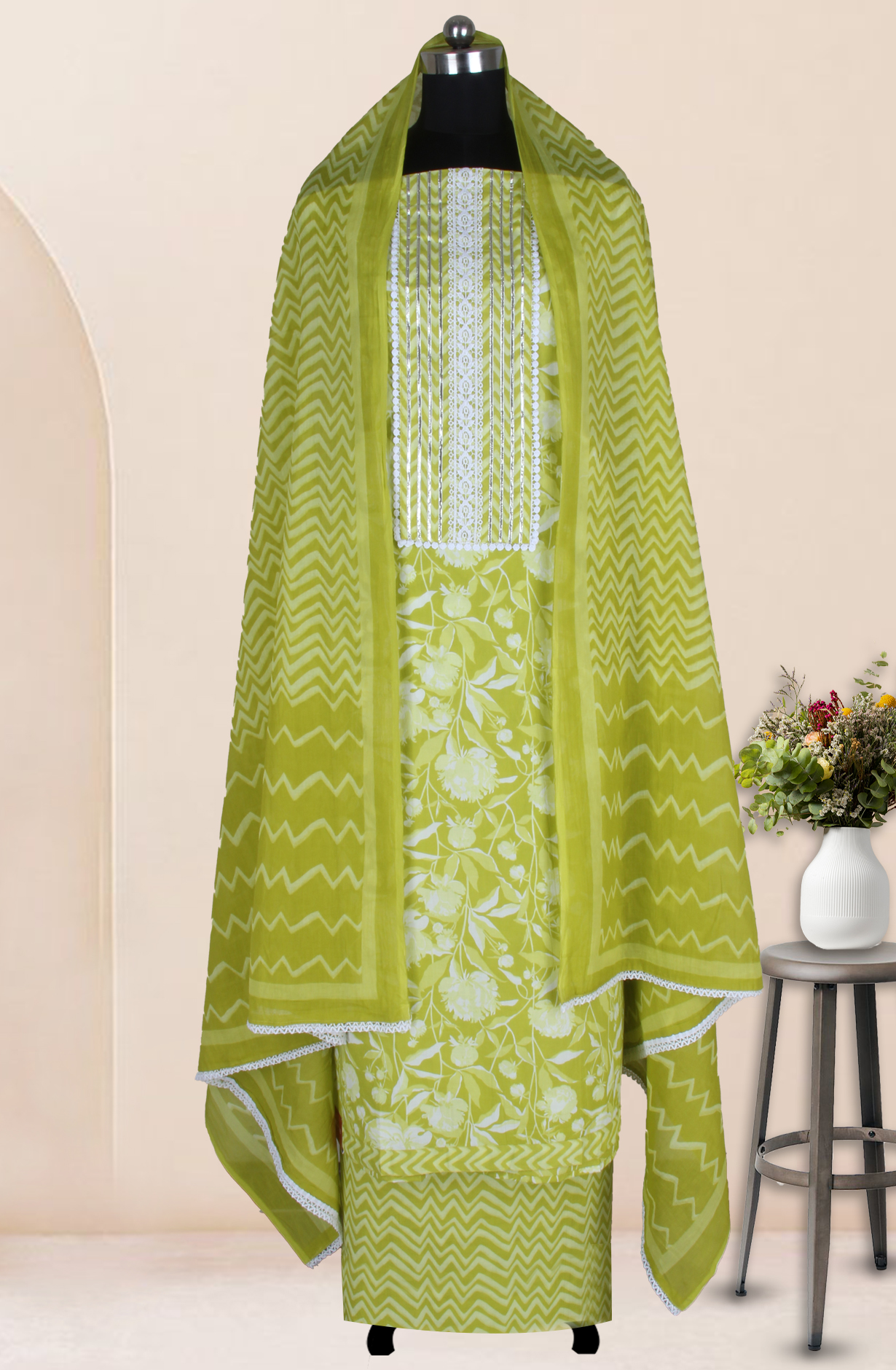 Pista Green Cotton Printed Salwar Suit Fabric with Dupatta - 983-4850B