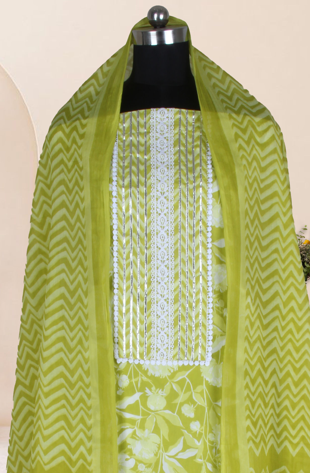 Pista Green Cotton Printed Salwar Suit Fabric with Dupatta - 983-4850B