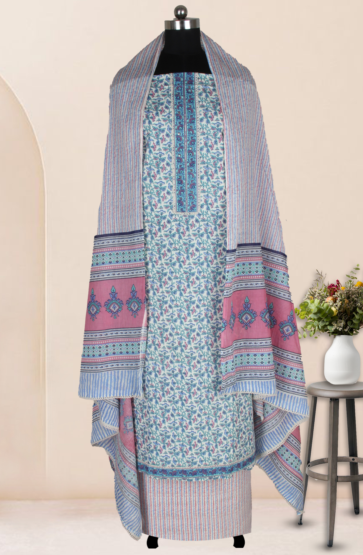 Multicolor Cotton Printed Salwar Suit Fabric with Dupatta - 983-4934