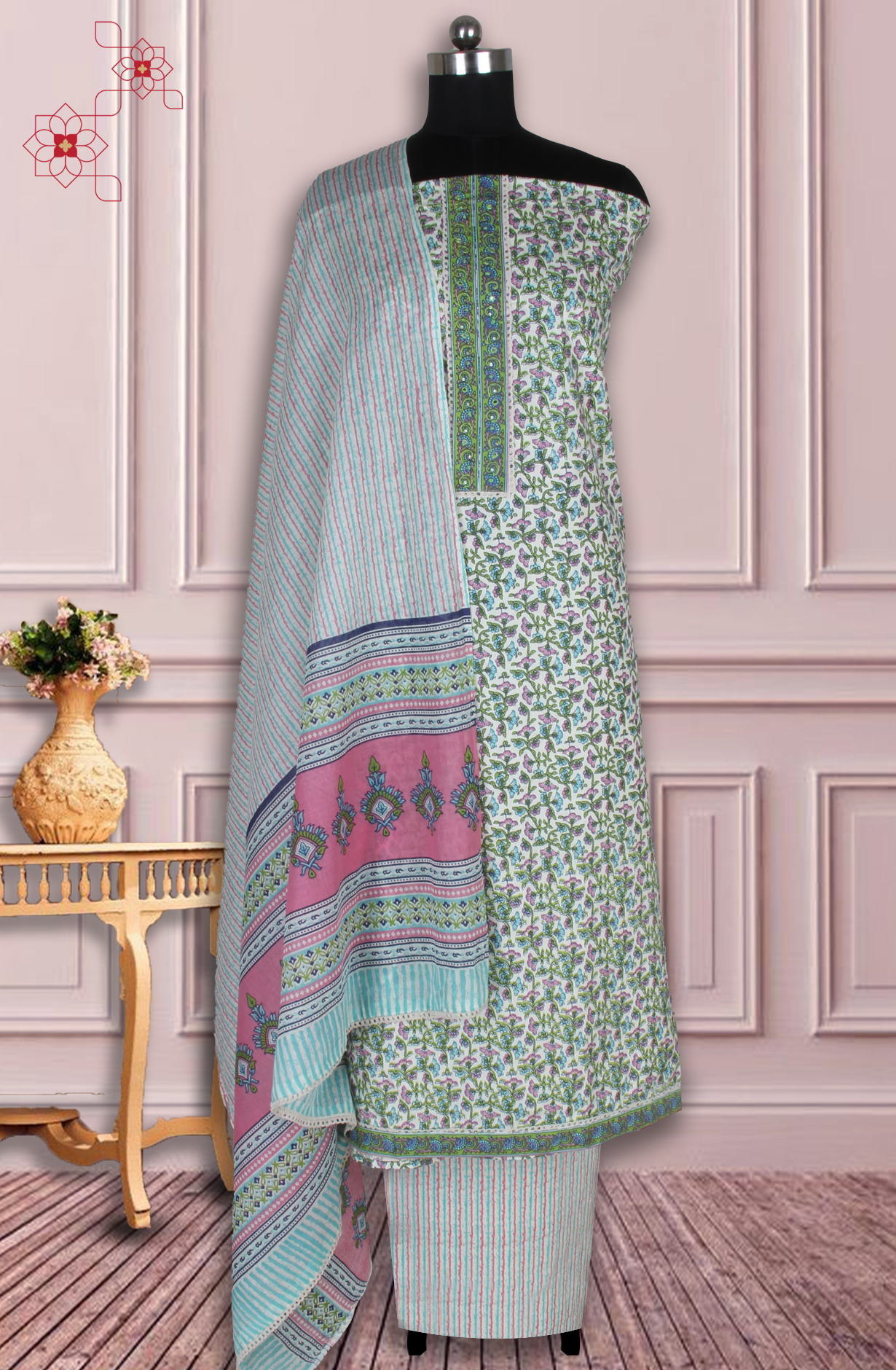 Multicolor Cotton Printed Unstitched Suit Fabric with Dupatta - 983-4934A