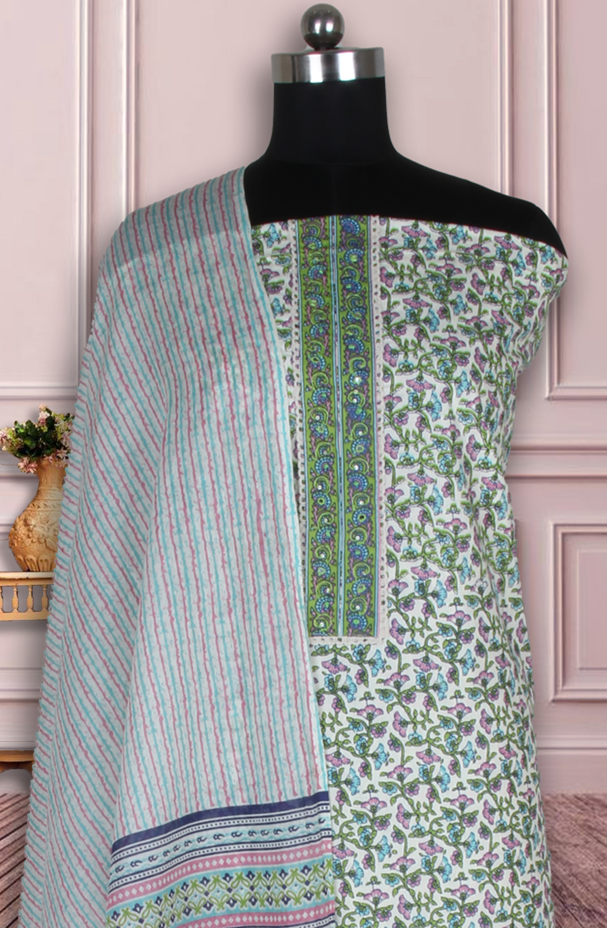 Multicolor Cotton Printed Unstitched Suit Fabric with Dupatta - 983-4934A