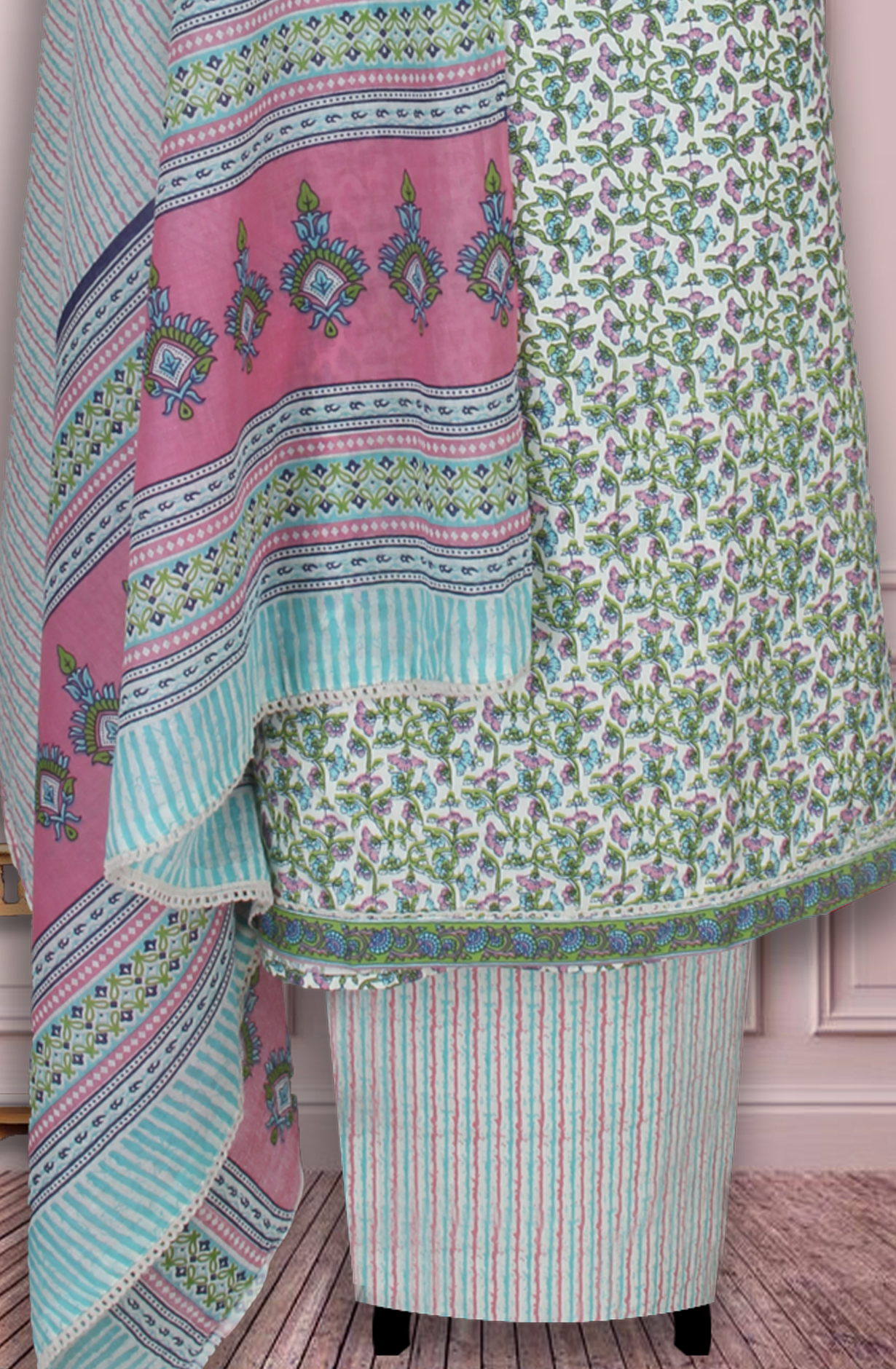 Multicolor Cotton Printed Unstitched Suit Fabric with Dupatta - 983-4934A