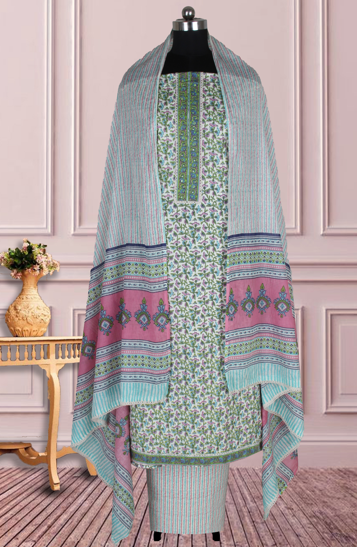 Multicolor Cotton Printed Unstitched Suit Fabric with Dupatta - 983-4934A