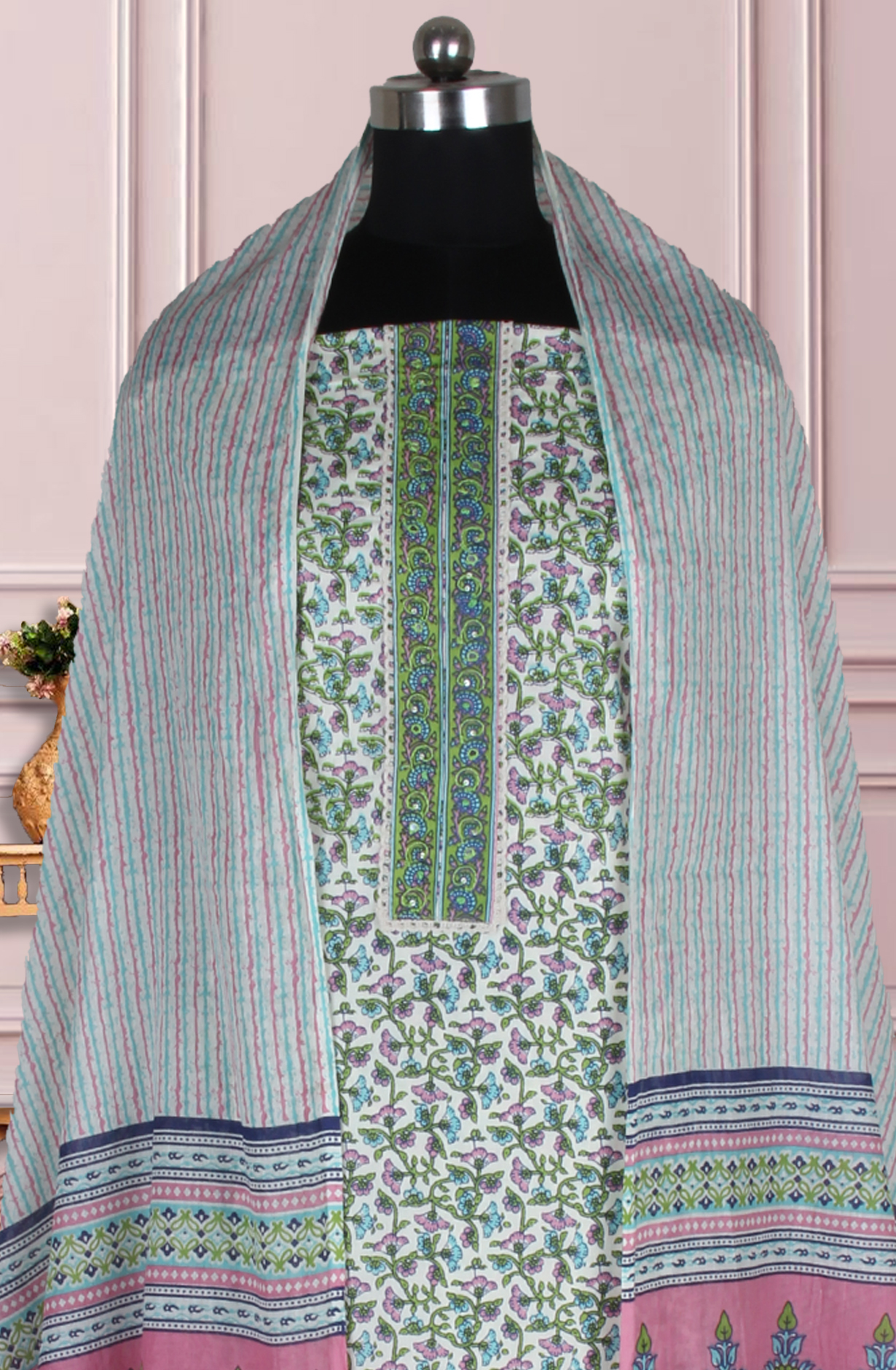 Multicolor Cotton Printed Unstitched Suit Fabric with Dupatta - 983-4934A