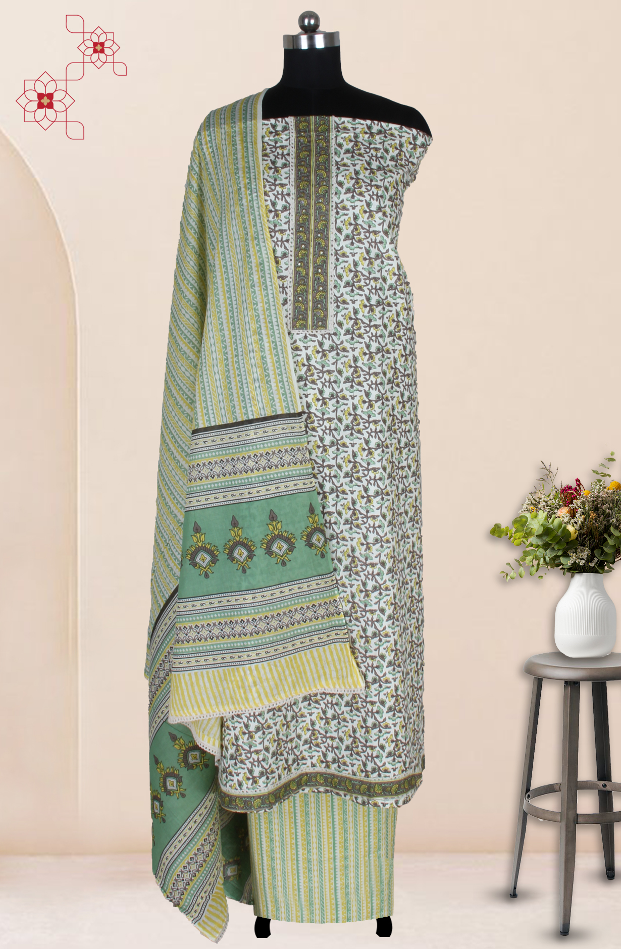 Multicolor Cotton Printed Salwar Suit Fabric with Dupatta - 983-4934B