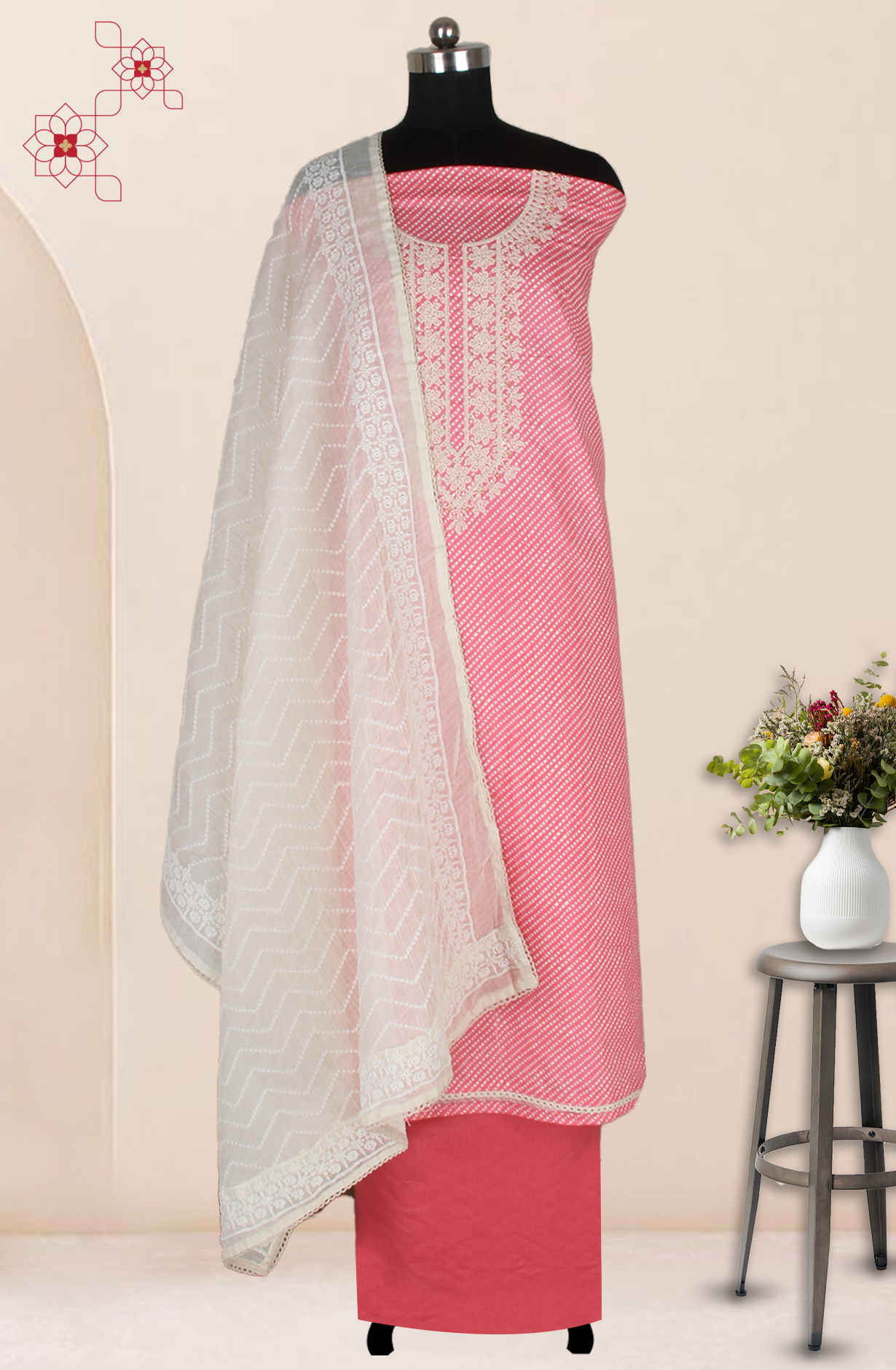 Pink Cotton Printed Unstitched Suit Fabric with Trendy Dupatta - 983-4946