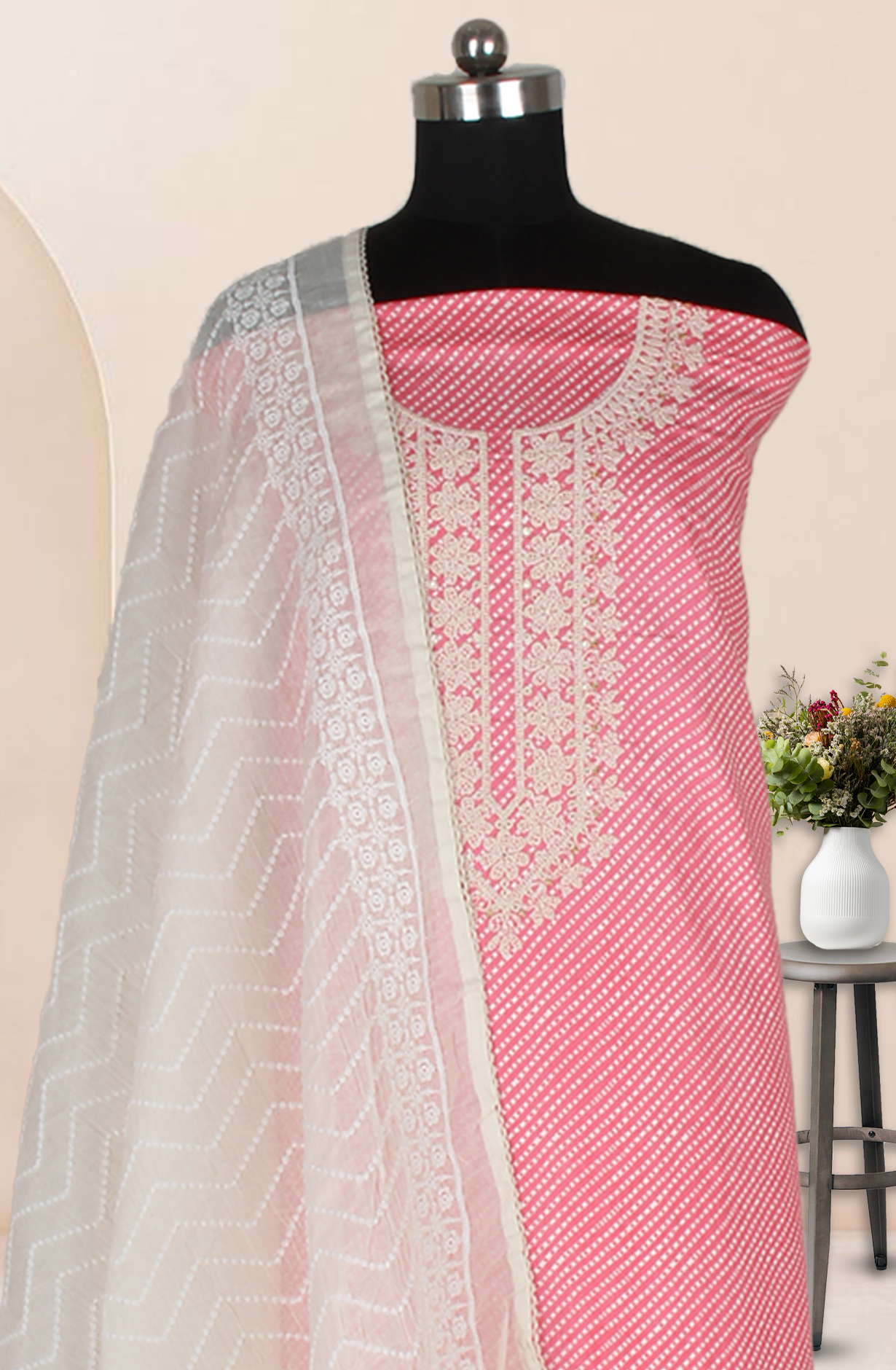 Pink Cotton Printed Unstitched Suit Fabric with Trendy Dupatta - 983-4946