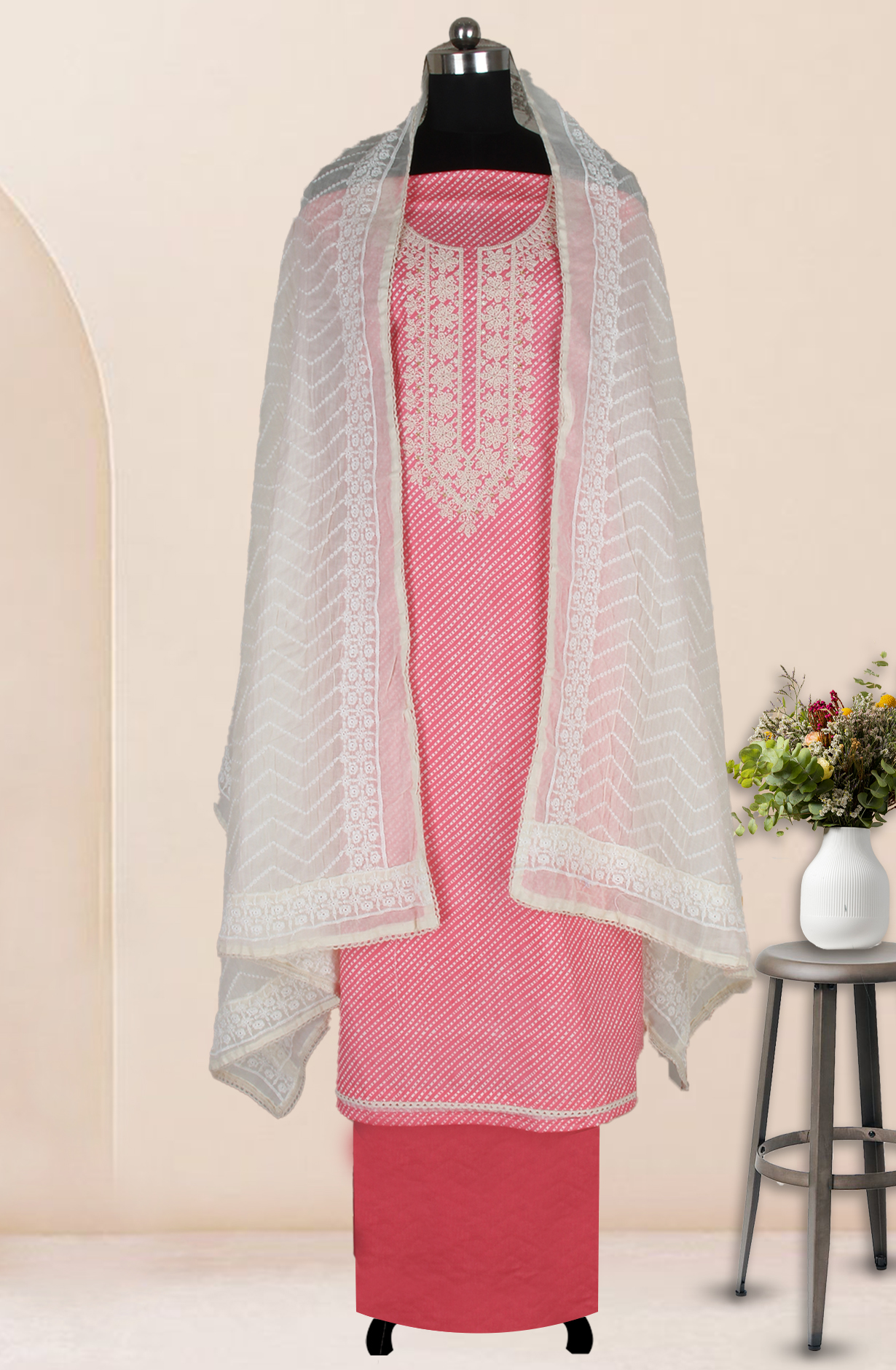 Pink Cotton Printed Unstitched Suit Fabric with Trendy Dupatta - 983-4946