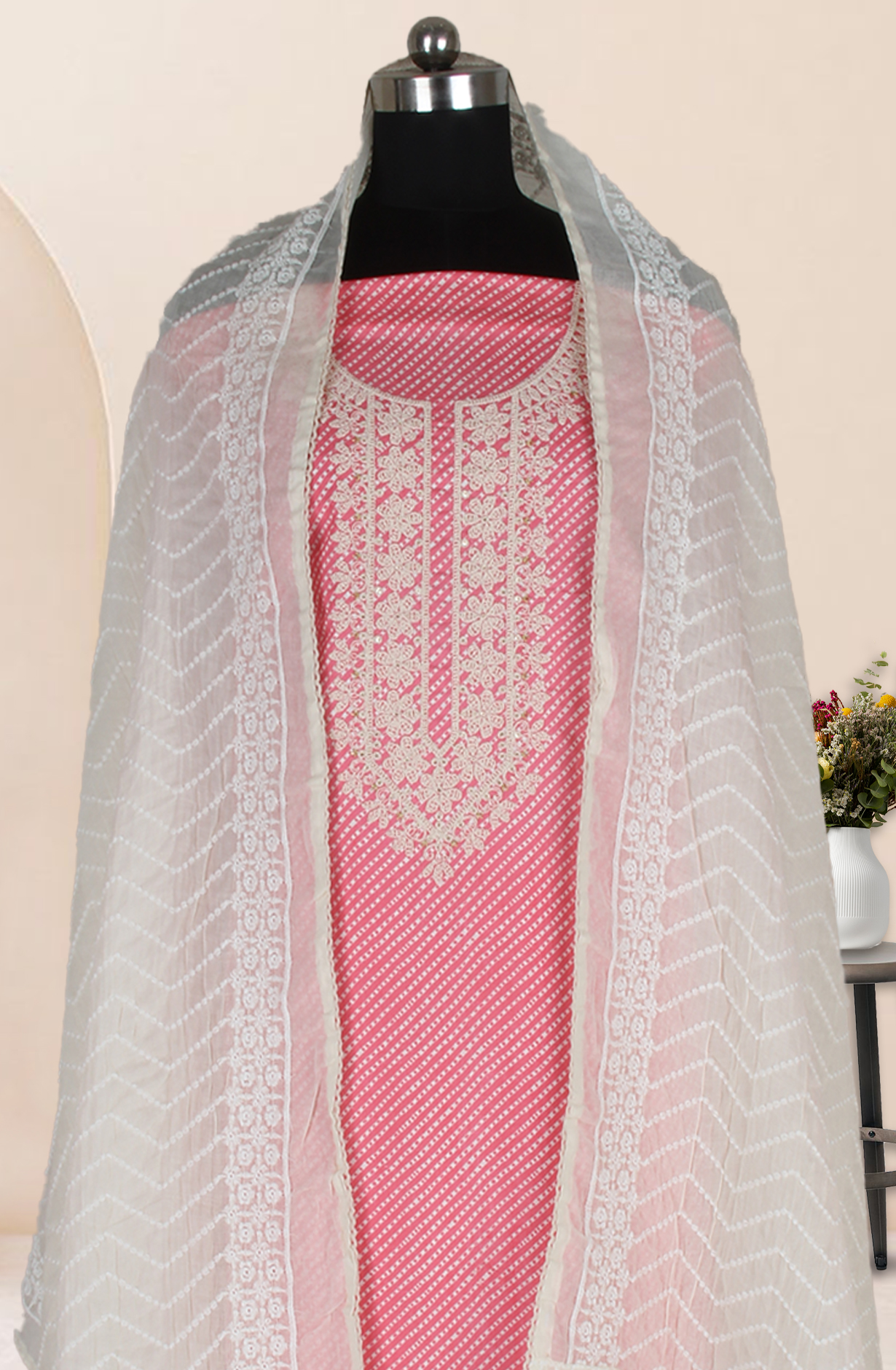 Pink Cotton Printed Unstitched Suit Fabric with Trendy Dupatta - 983-4946