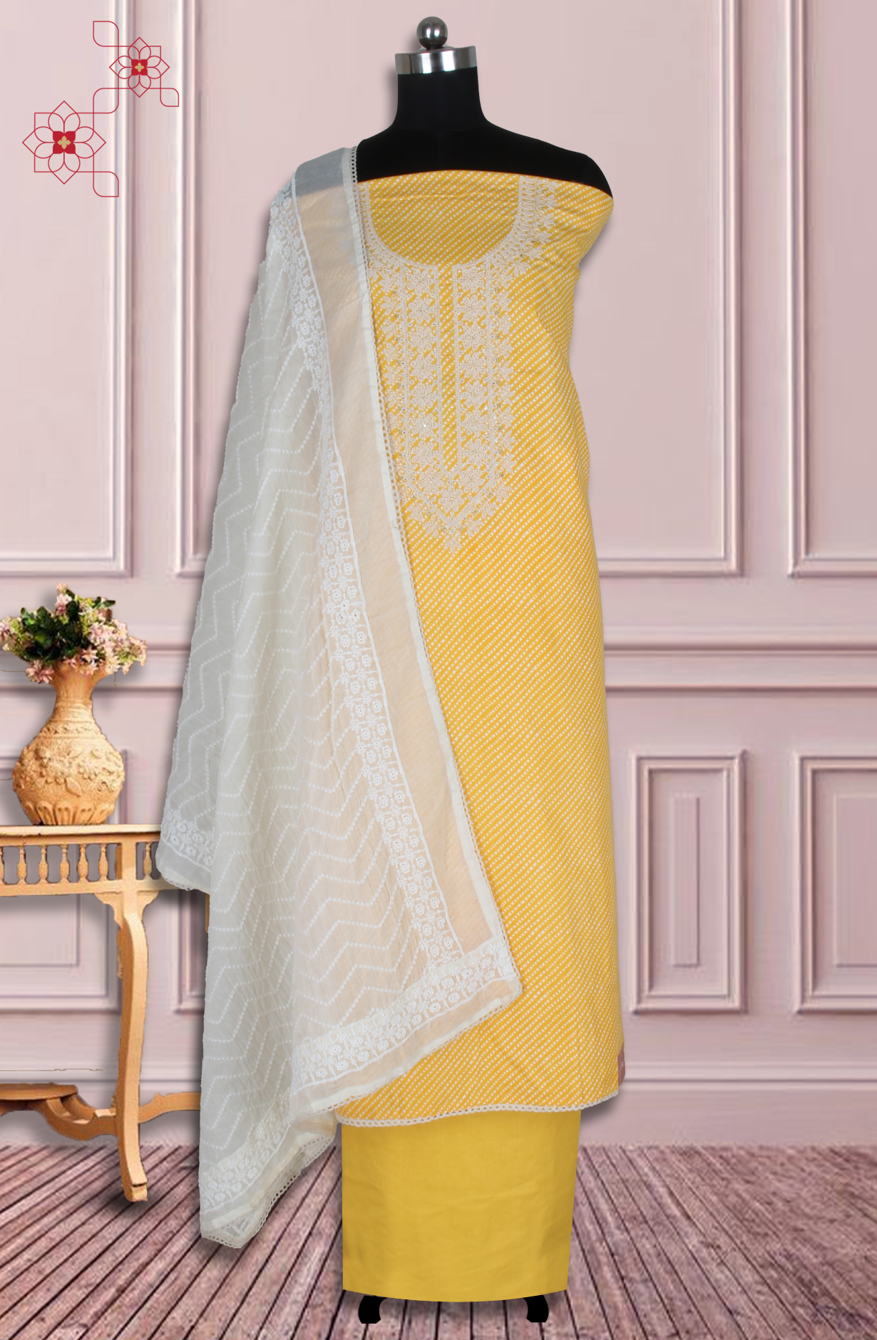 Yellow Cotton Printed Unstitched Suit Fabric with Trendy Dupatta - 983-4946A
