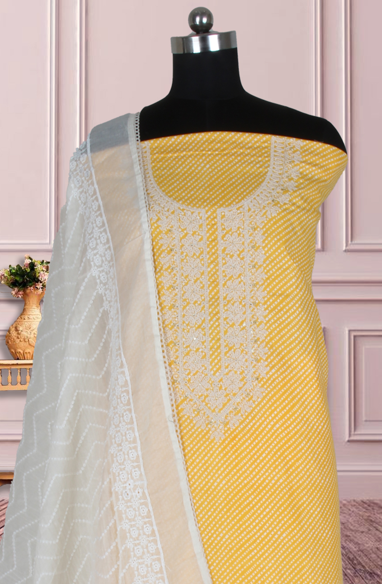 Yellow Cotton Printed Unstitched Suit Fabric with Trendy Dupatta - 983-4946A
