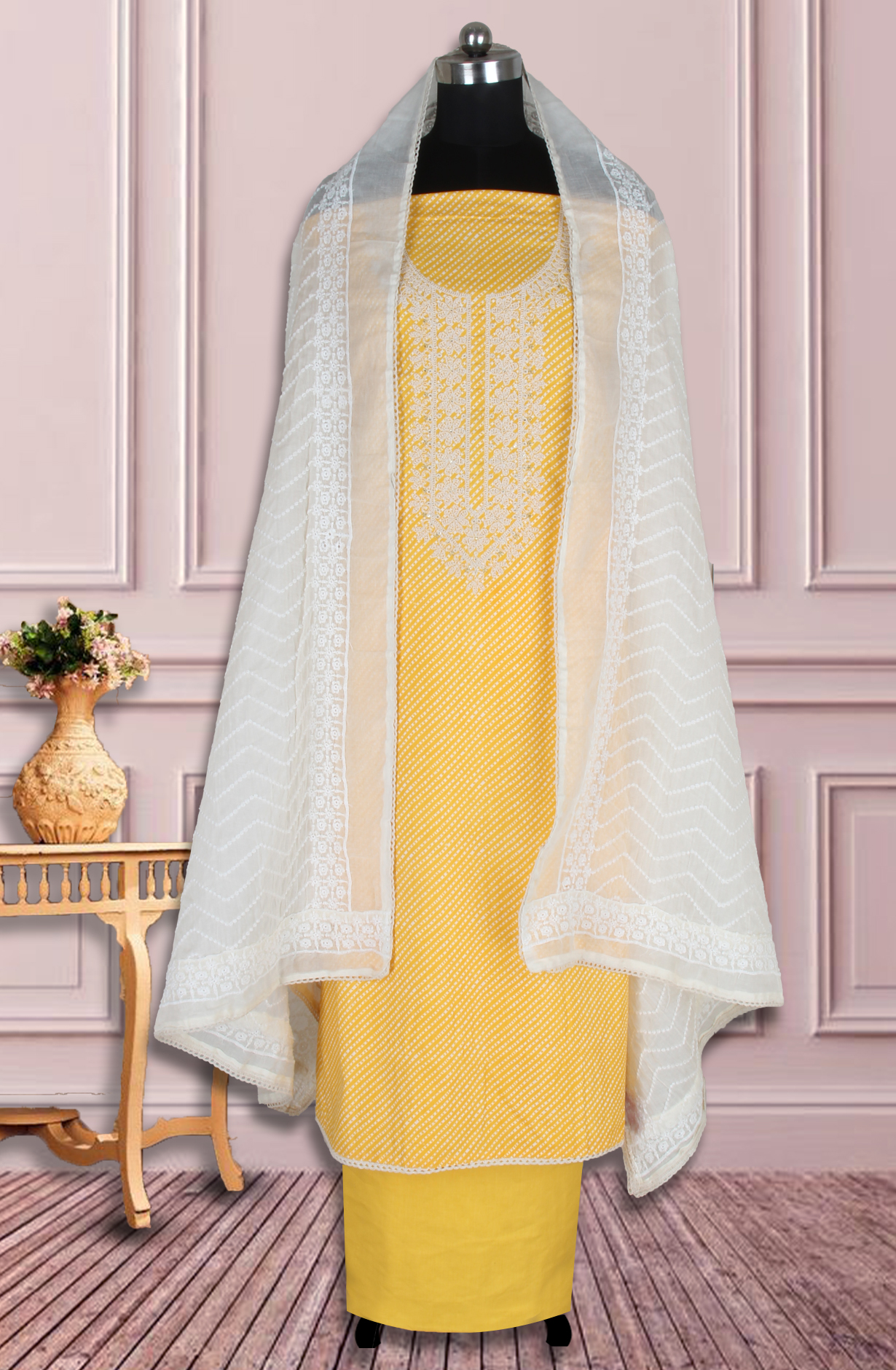 Yellow Cotton Printed Unstitched Suit Fabric with Trendy Dupatta - 983-4946A