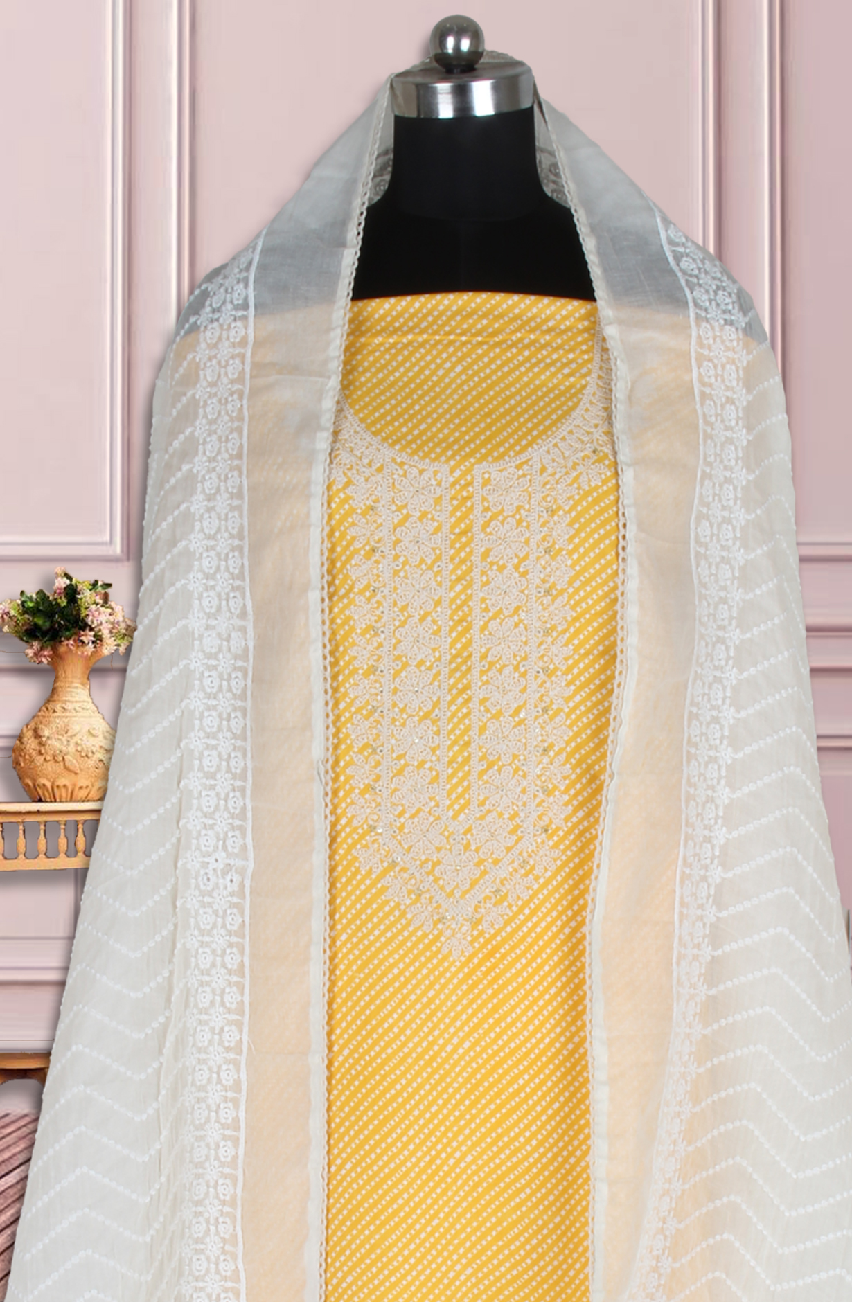 Yellow Cotton Printed Unstitched Suit Fabric with Trendy Dupatta - 983-4946A