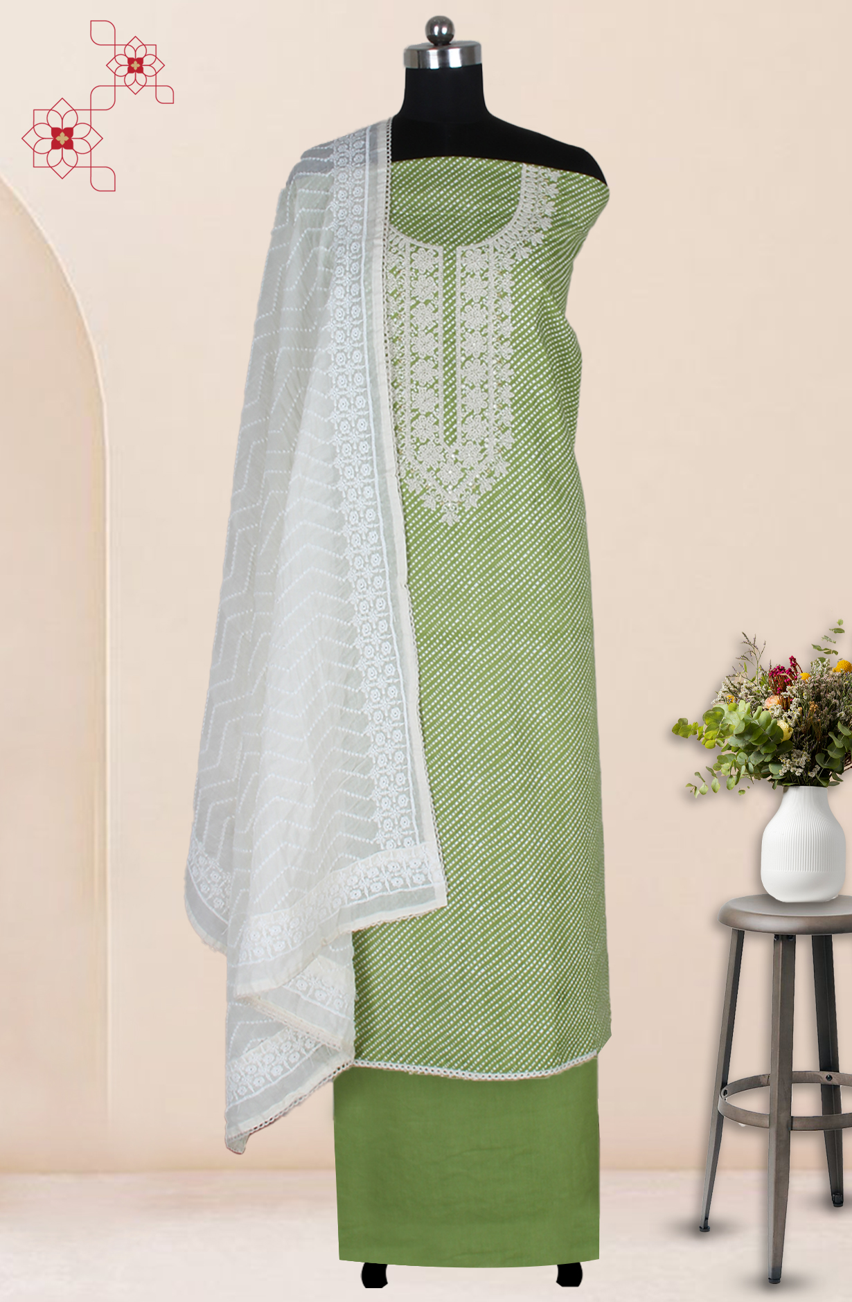 Green Cotton Printed Unstitched Suit Fabric with Trendy Dupatta - 983-4946C