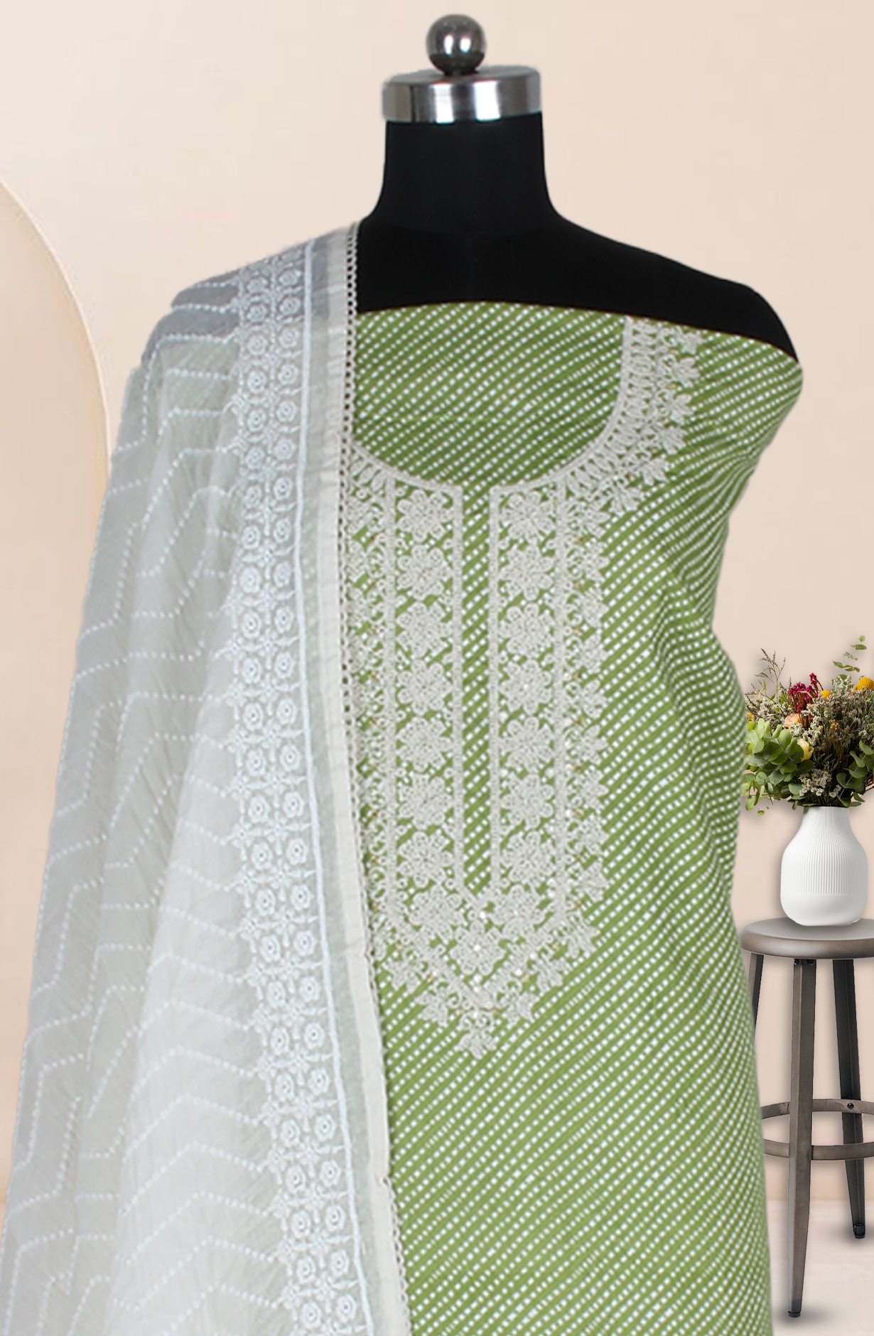 Green Cotton Printed Unstitched Suit Fabric with Trendy Dupatta - 983-4946C