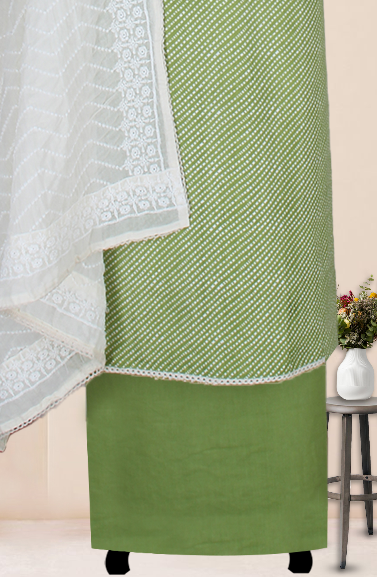 Green Cotton Printed Unstitched Suit Fabric with Trendy Dupatta - 983-4946C