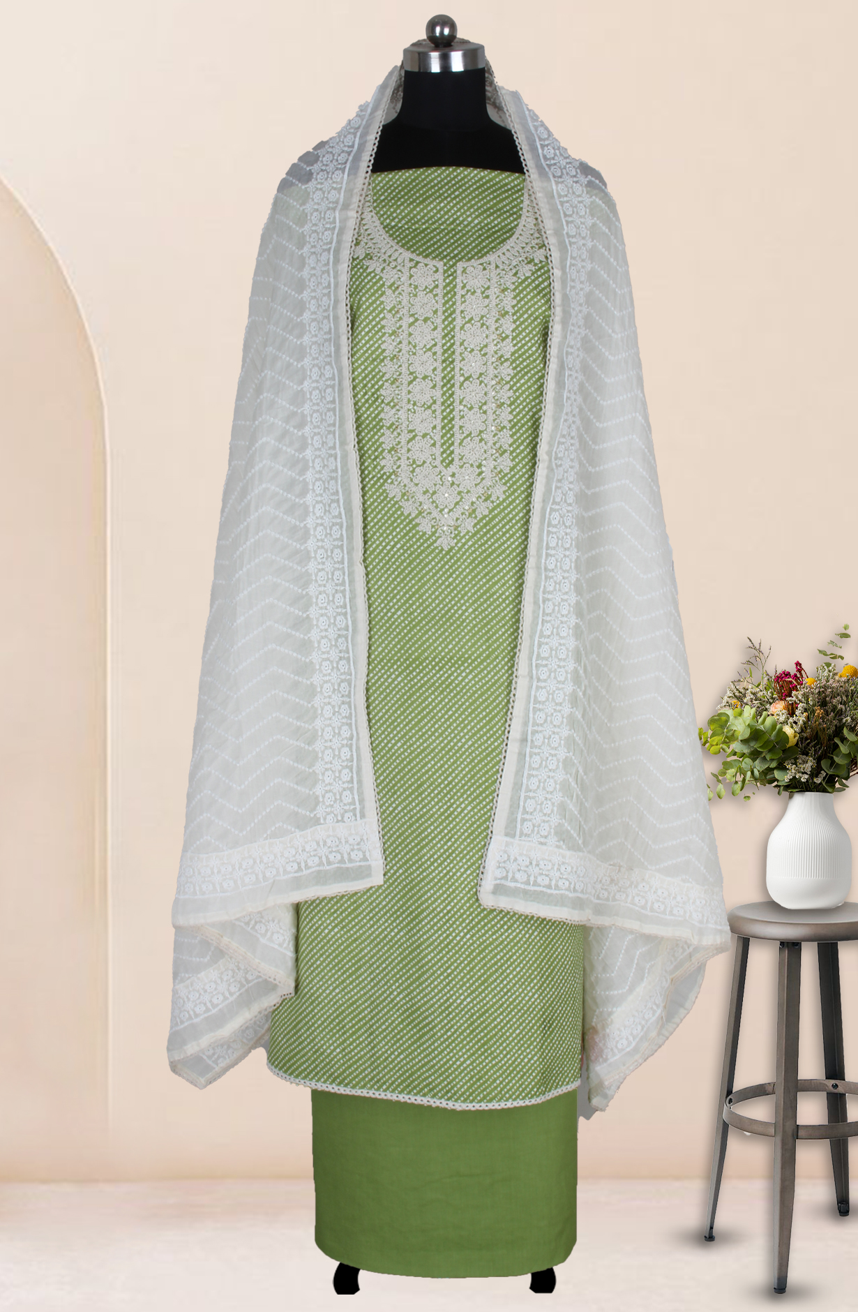 Green Cotton Printed Unstitched Suit Fabric with Trendy Dupatta - 983-4946C