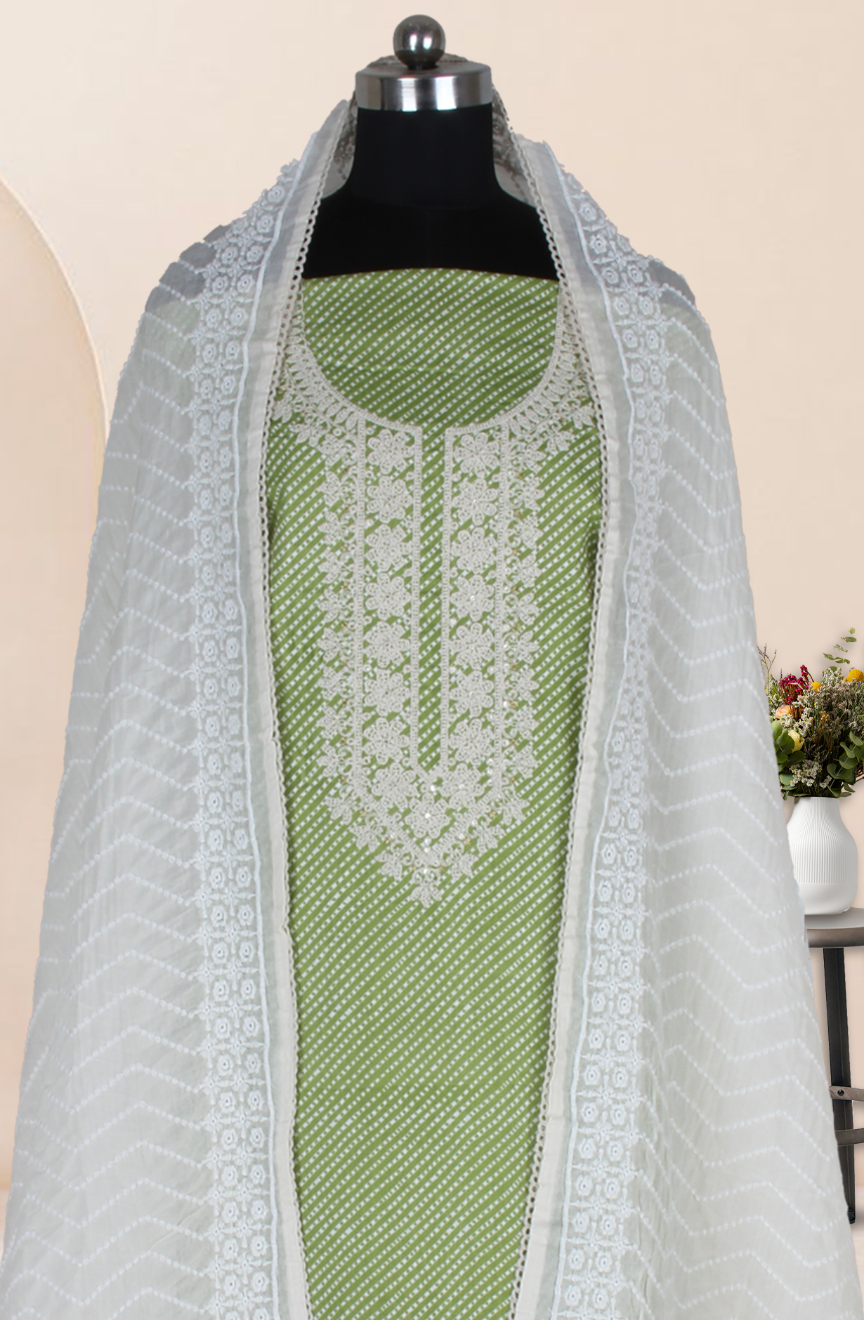 Green Cotton Printed Unstitched Suit Fabric with Trendy Dupatta - 983-4946C