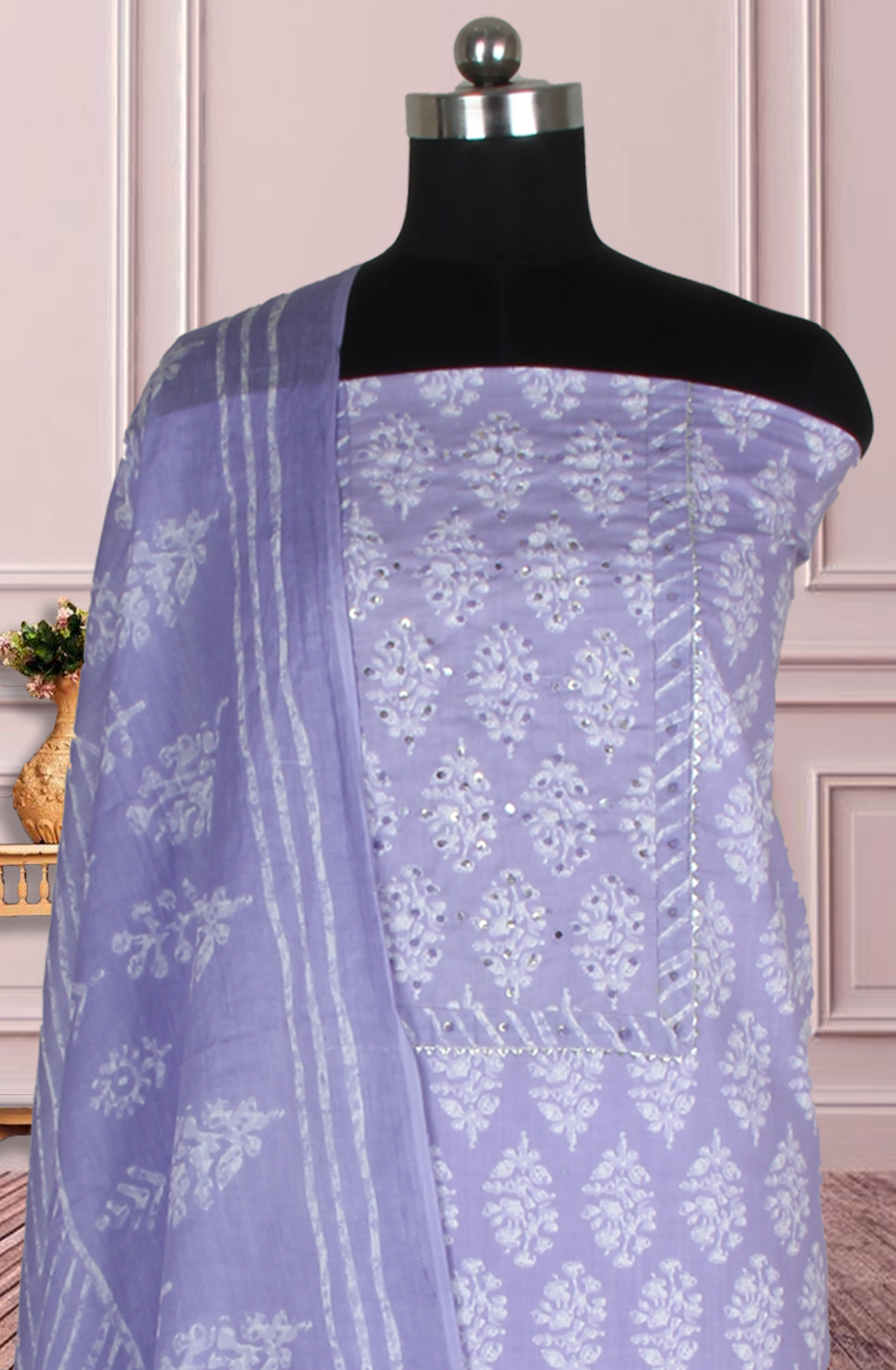Lavender Cotton Printed Salwar Suit Fabric with Dupatta - 983-4978-1C