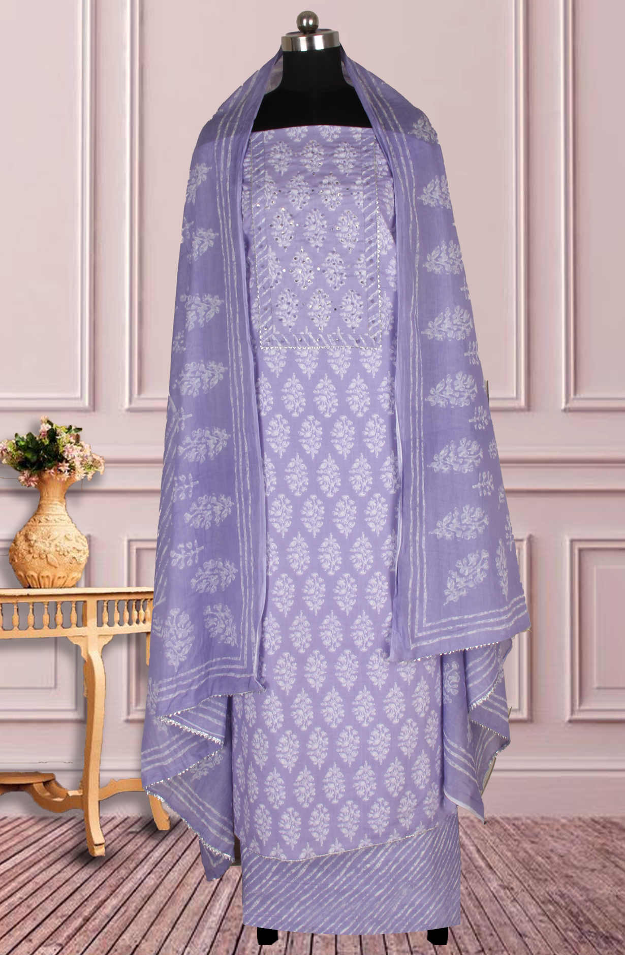 Lavender Cotton Printed Salwar Suit Fabric with Dupatta - 983-4978-1C