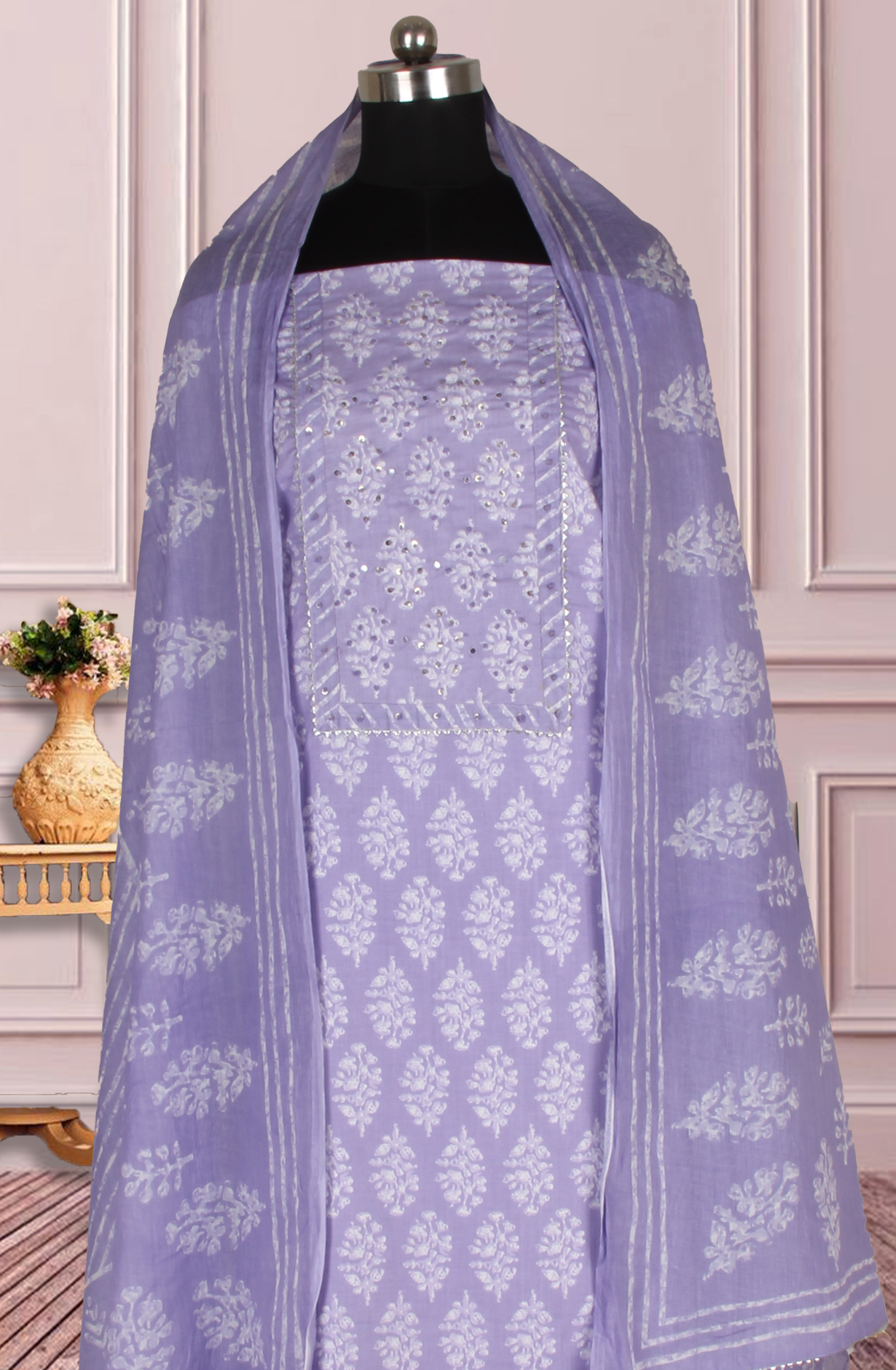 Lavender Cotton Printed Salwar Suit Fabric with Dupatta - 983-4978-1C