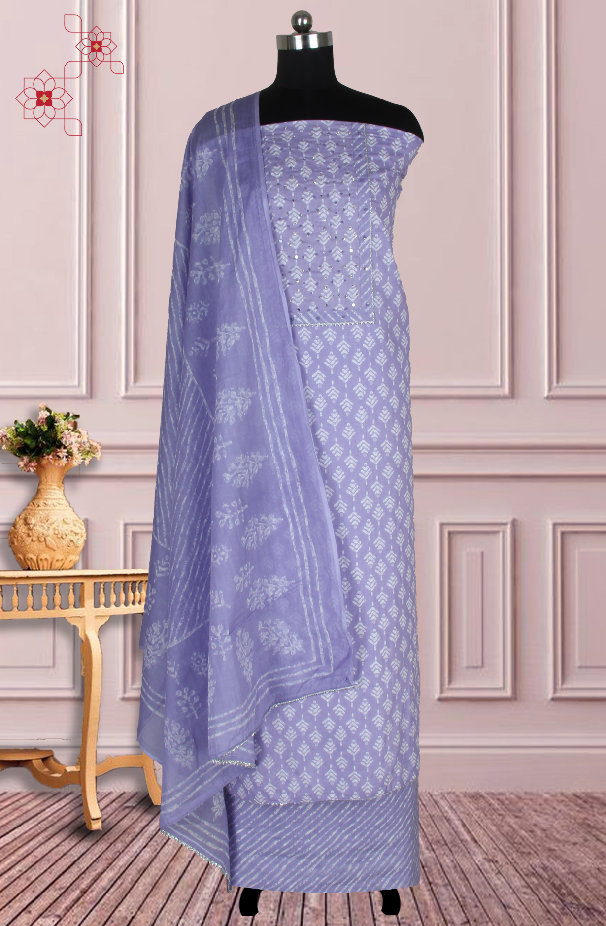 Lavender Cotton Printed Salwar Suit Fabric with Dupatta - 983-4978