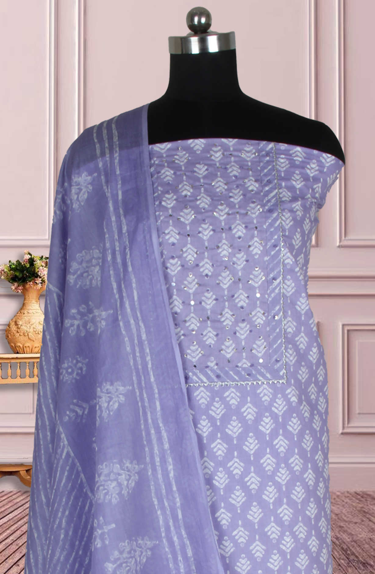Lavender Cotton Printed Salwar Suit Fabric with Dupatta - 983-4978