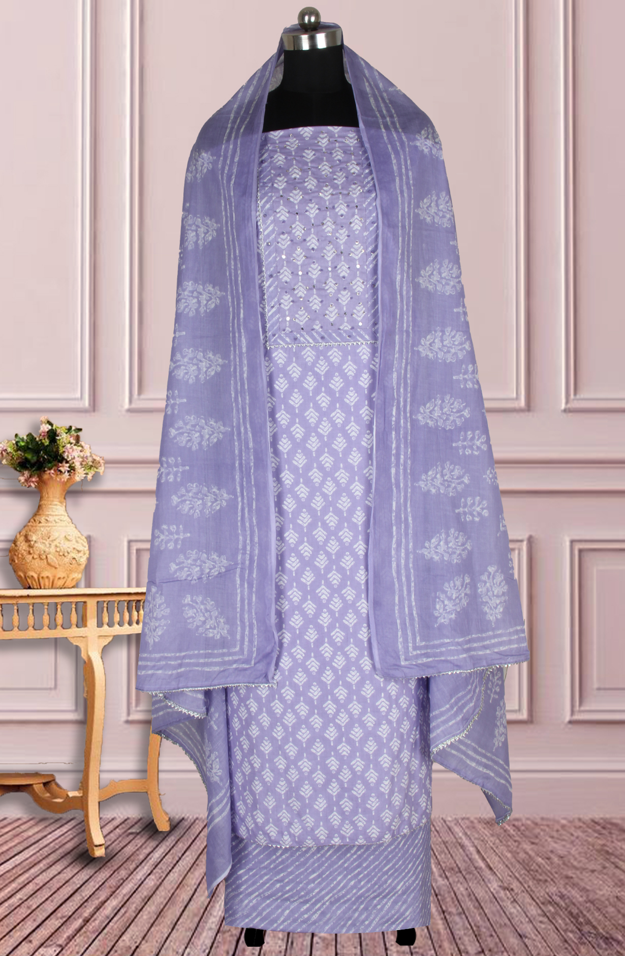 Lavender Cotton Printed Salwar Suit Fabric with Dupatta - 983-4978