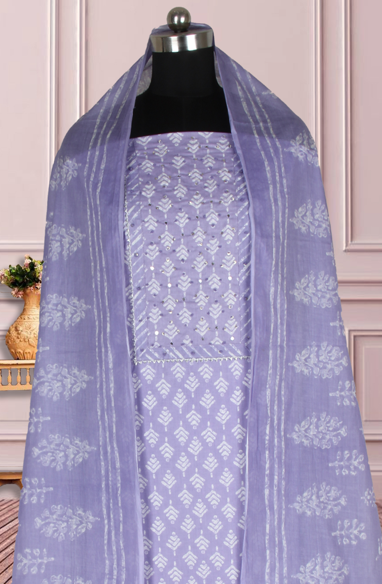 Lavender Cotton Printed Salwar Suit Fabric with Dupatta - 983-4978