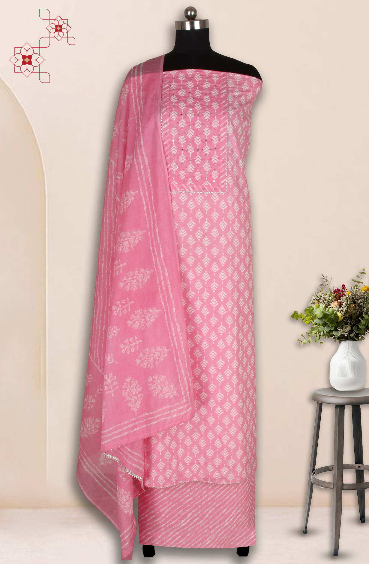 Pink Cotton Printed Salwar Suit Fabric with Dupatta - 983-4978B