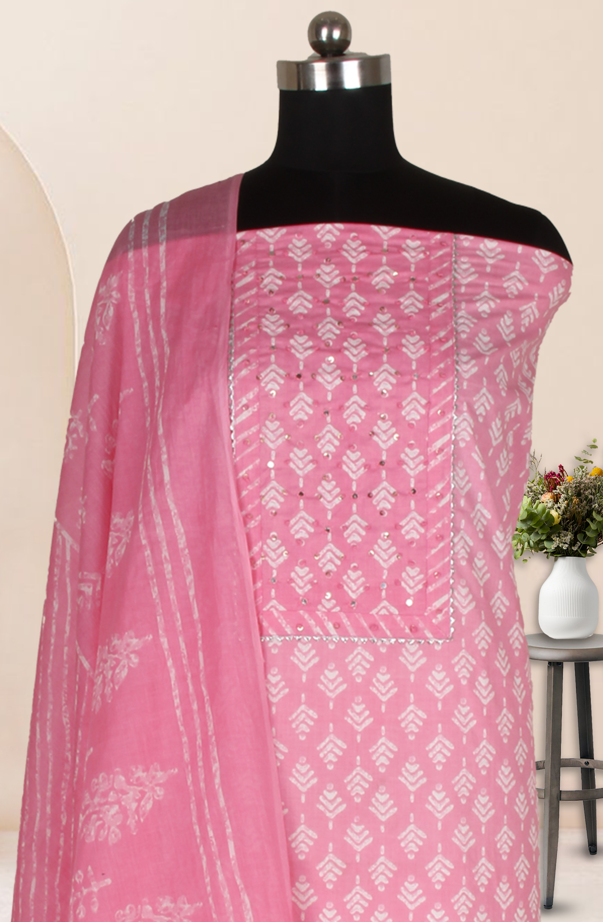 Pink Cotton Printed Salwar Suit Fabric with Dupatta - 983-4978B