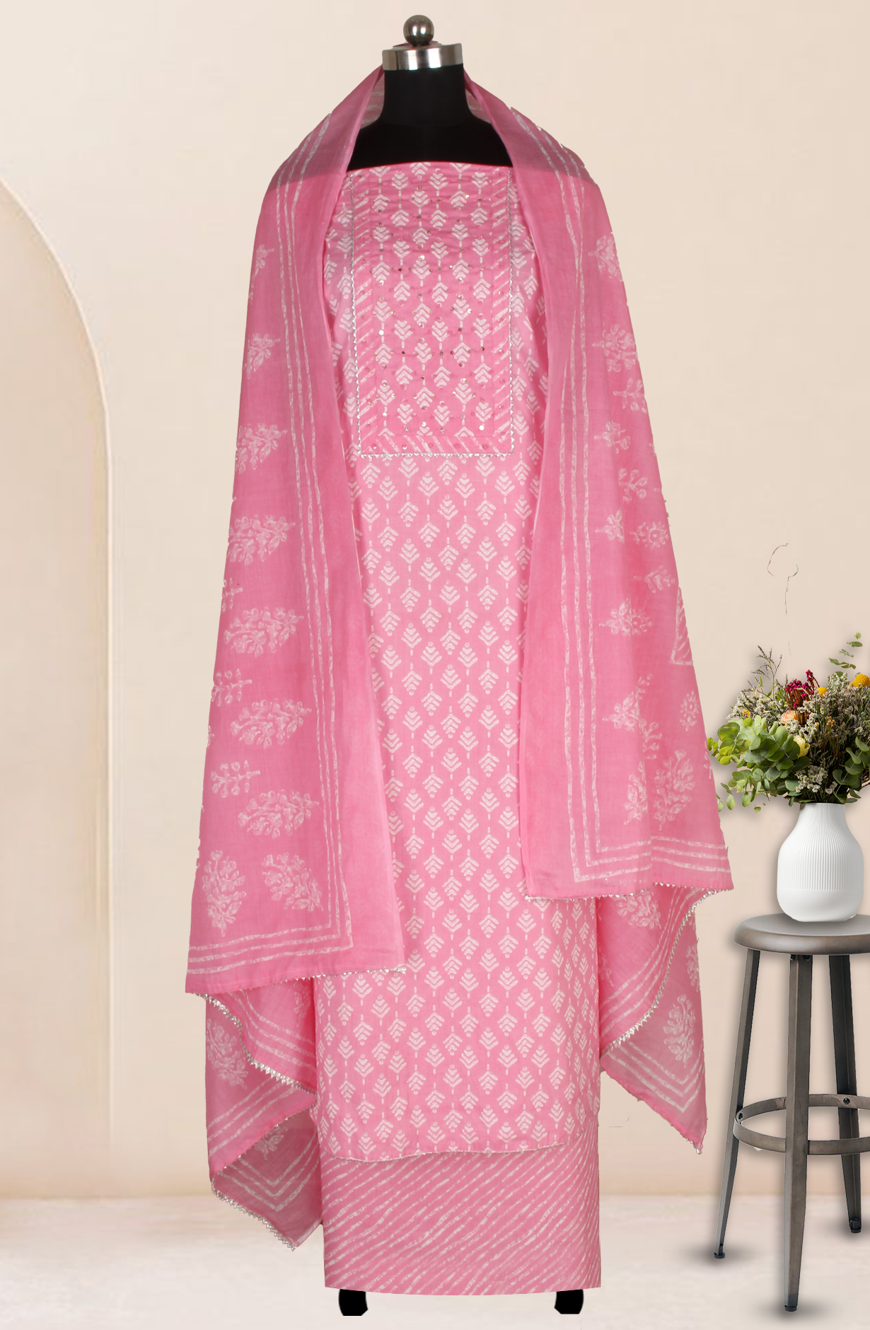 Pink Cotton Printed Salwar Suit Fabric with Dupatta - 983-4978B