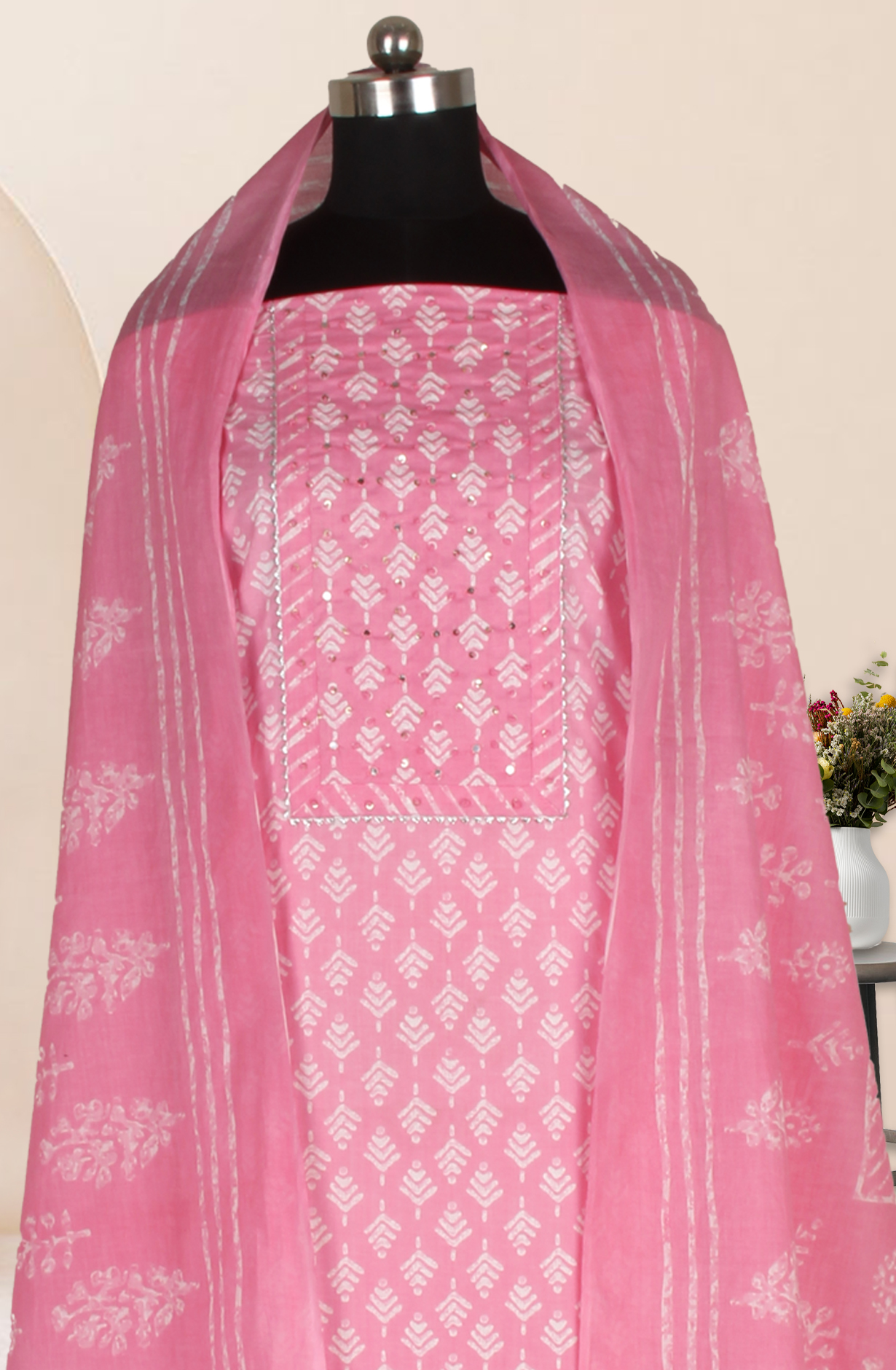 Pink Cotton Printed Salwar Suit Fabric with Dupatta - 983-4978B