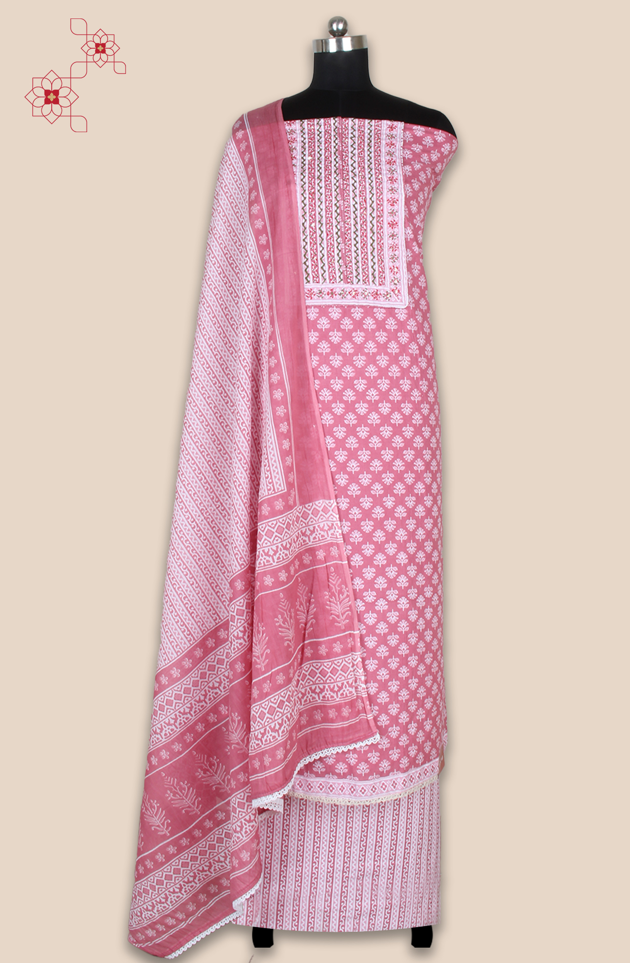 Mauve Cotton Printed Unstitched Kantha Work Salwar Suit Fabric - 983-5010-7B