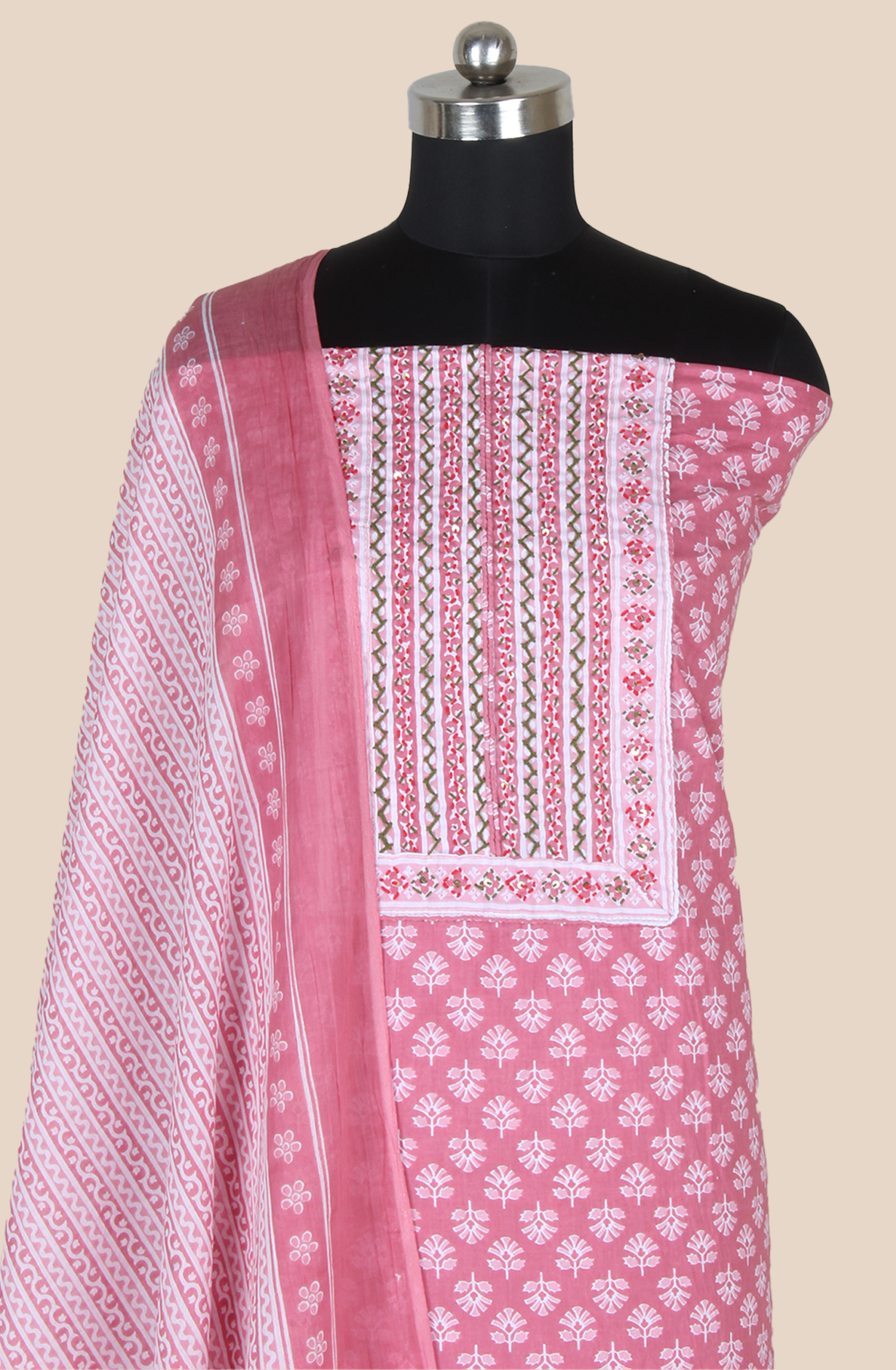 Mauve Cotton Printed Unstitched Kantha Work Salwar Suit Fabric - 983-5010-7B