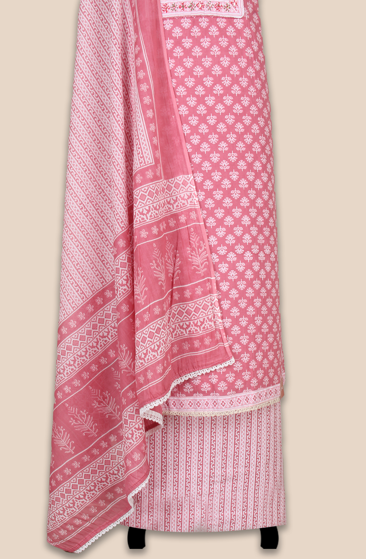 Mauve Cotton Printed Unstitched Kantha Work Salwar Suit Fabric - 983-5010-7B